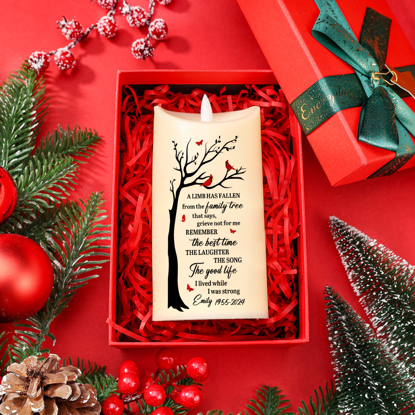 Personalized LED Memorial Candle Cardinals and Memorial Tree Design Cherished Christmas Gift for Family