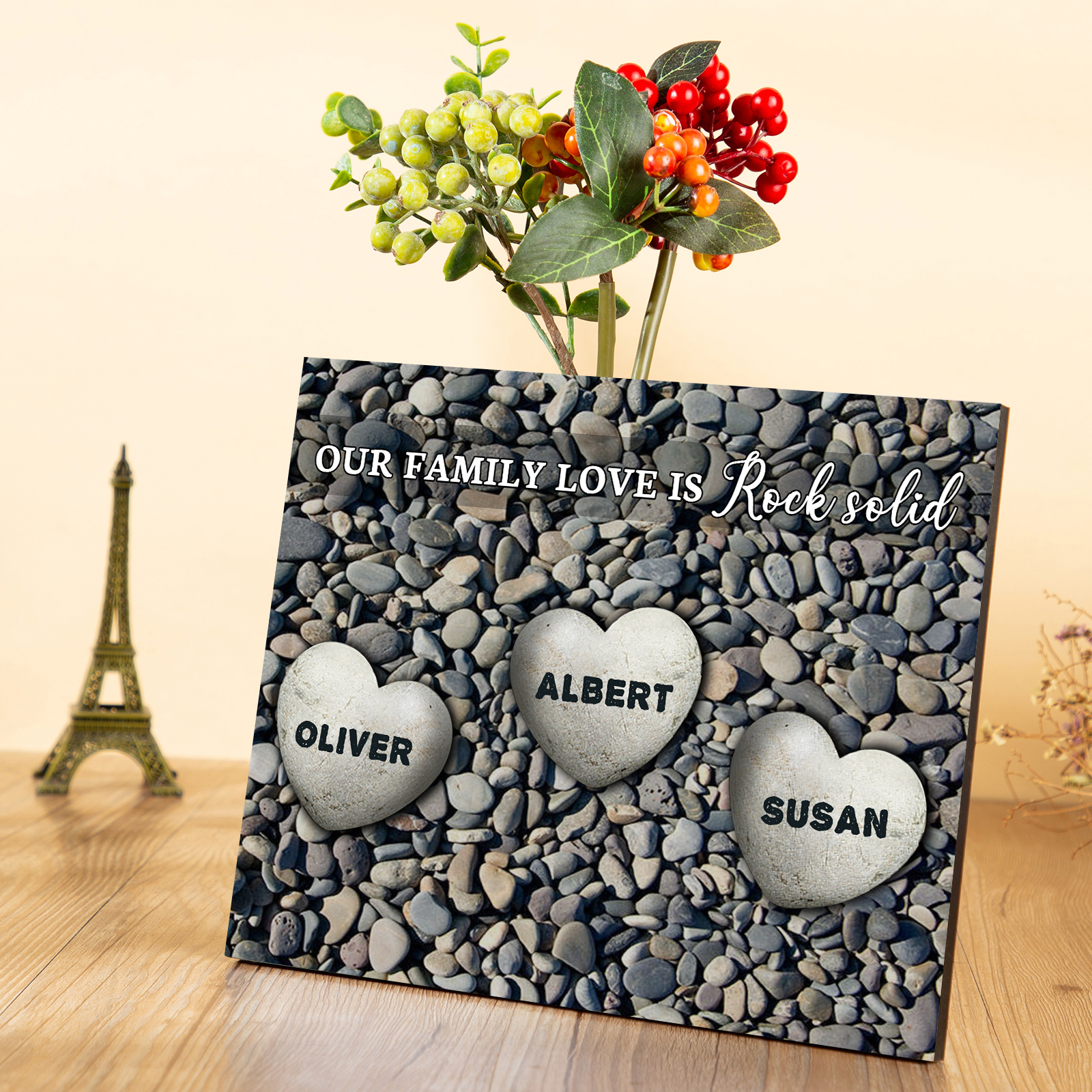 Personalized Wooden Plaque Custom 3 Nmaes Our Family Love is Rock Solid Gift for Mom | Lorajewel