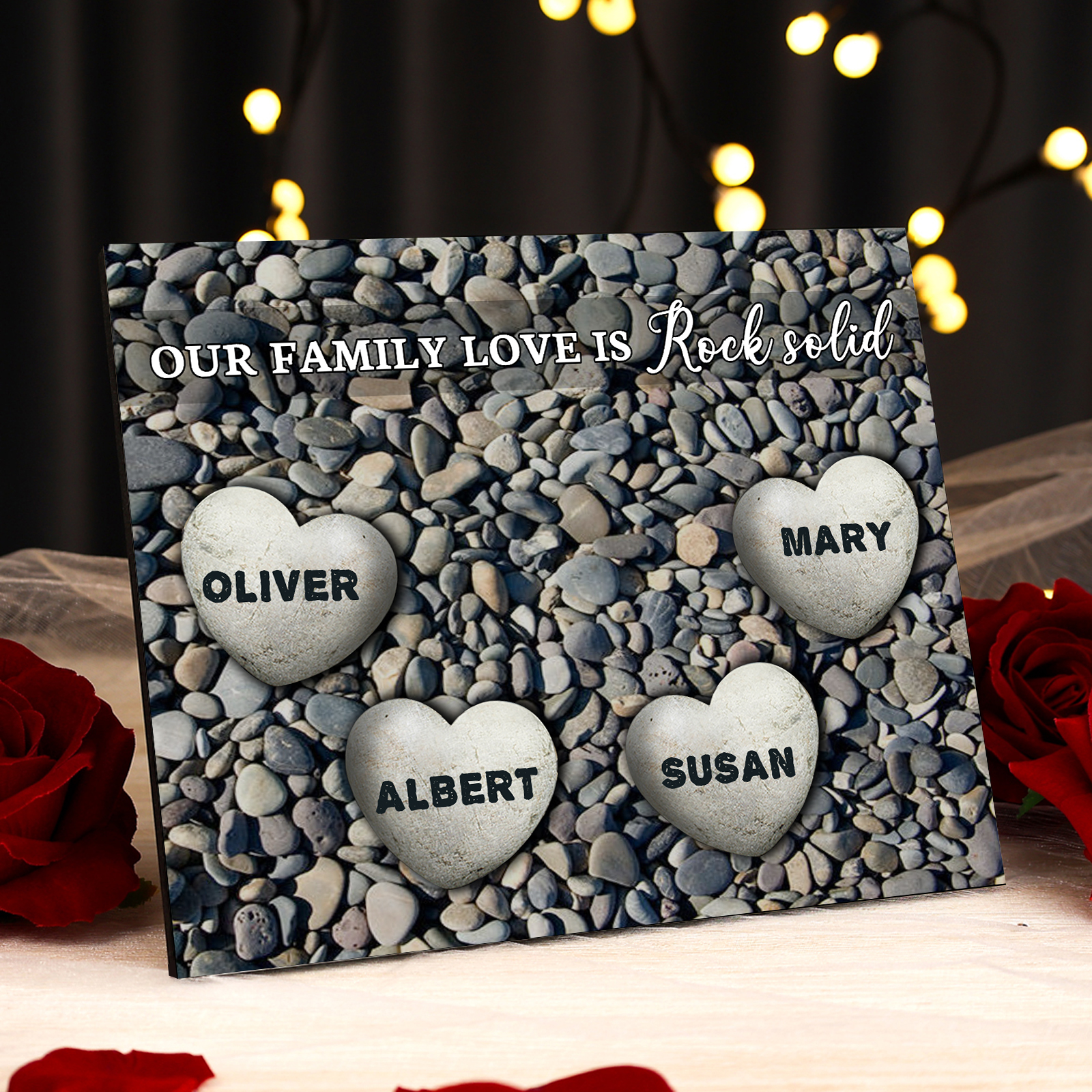 Personalized Wooden Plaque Custom 4 Nmaes Our Family Love is Rock Solid Gift for Mom | Lorajewel