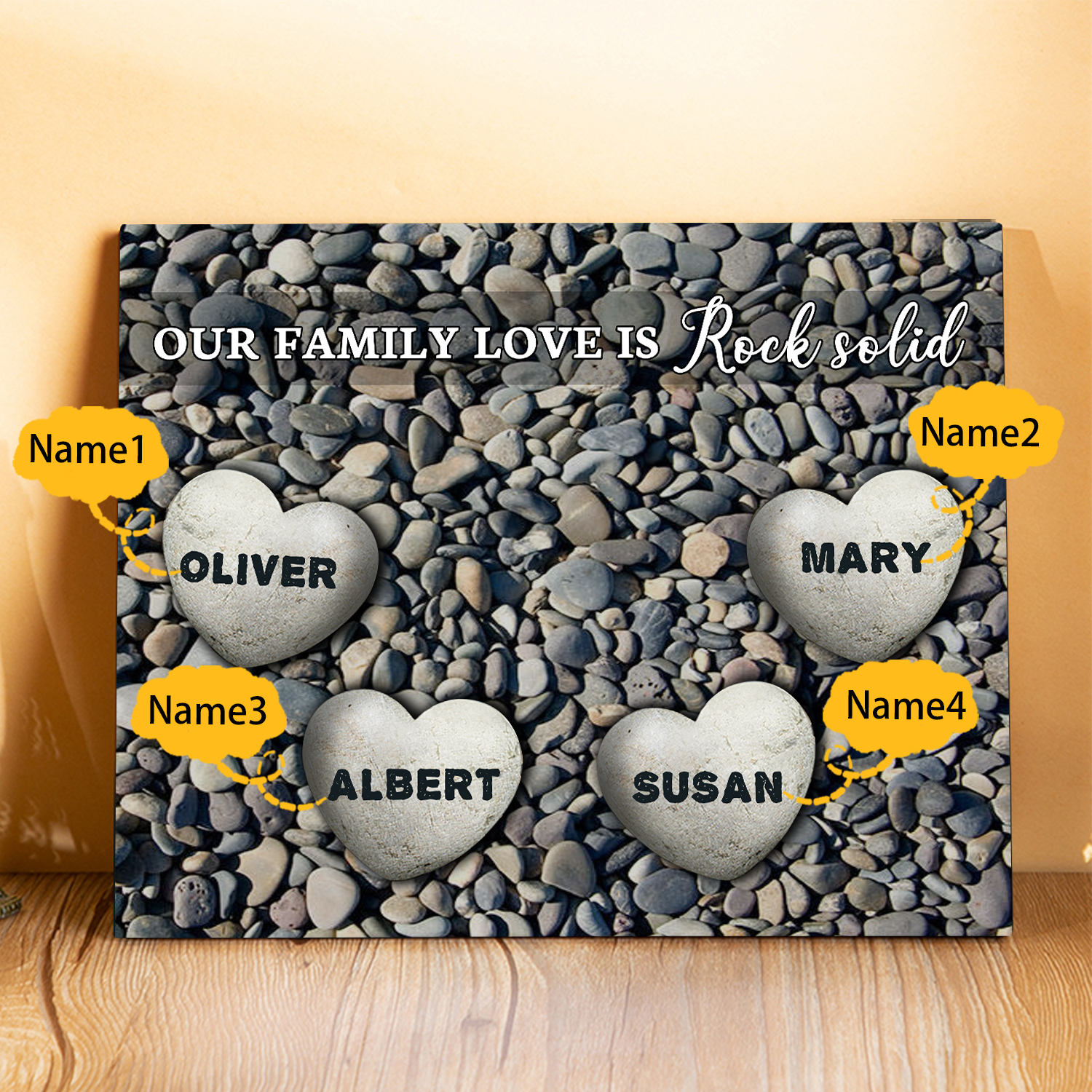 Personalized Wooden Plaque Custom 4 Nmaes Our Family Love is Rock Solid Gift for Mom | Lorajewel