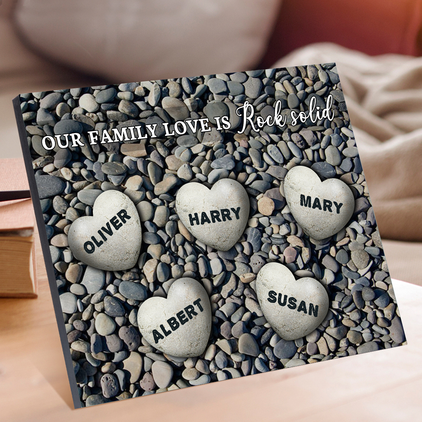 Personalized Wooden Plaque Custom 5 Nmaes Our Family Love is Rock Solid Gift for Mom | Lorajewel
