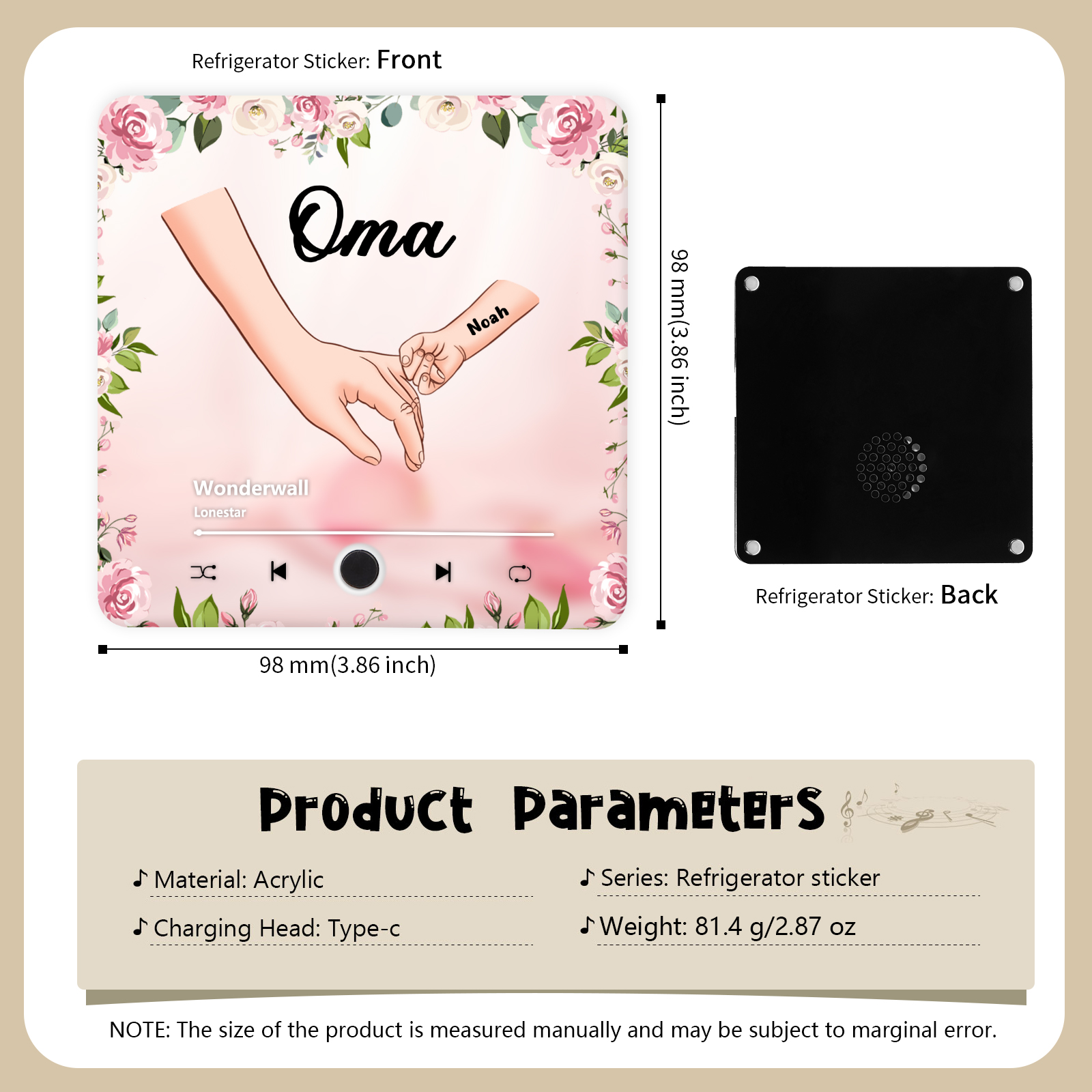 Personalized Hand-in-Hand Music Fridge Magnet Engraved 1 Name & 1 Text– Custom Special Gift For Mom/Nana/Nanny| lorajewel