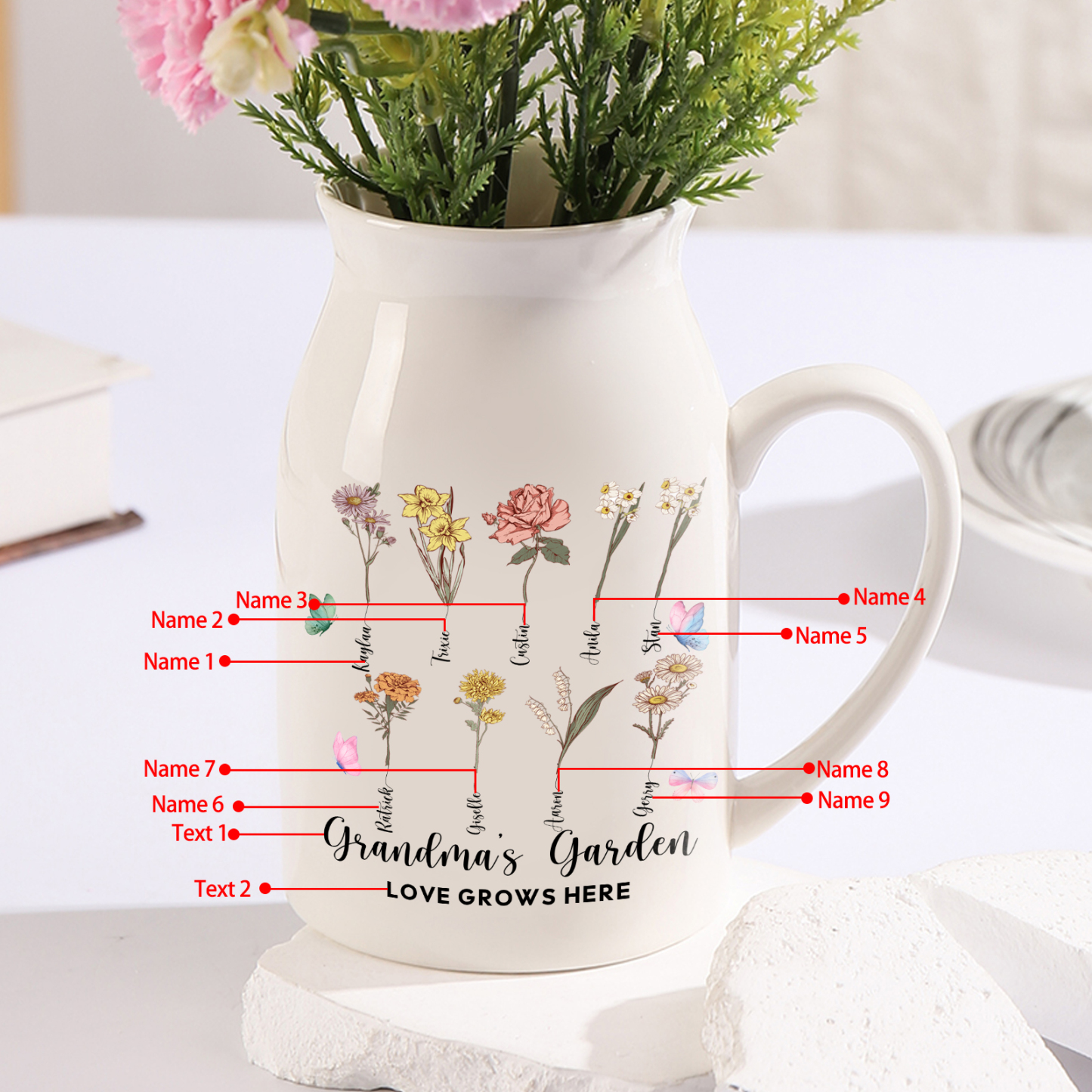 9 Names Personalized Vase with Birthday Flowers – Add 9 Names 2 Texts – Ceramic Custom Gift for Mom, Grandma, Family