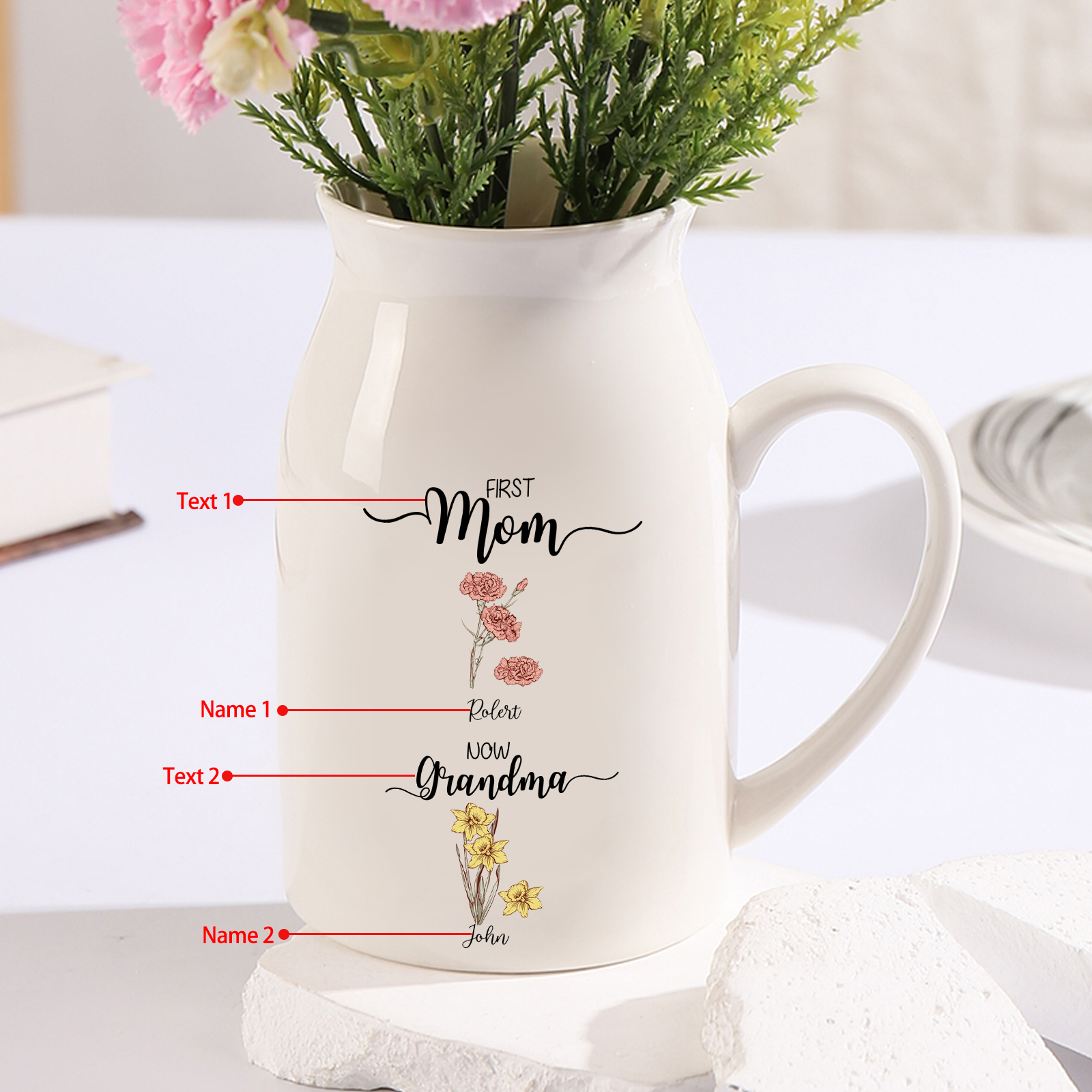 2 Names Personalized Vase with Birthday Flowers – Add 2 Names 2 Texts – Ceramic Custom Gift for Mom, Grandma, Family
