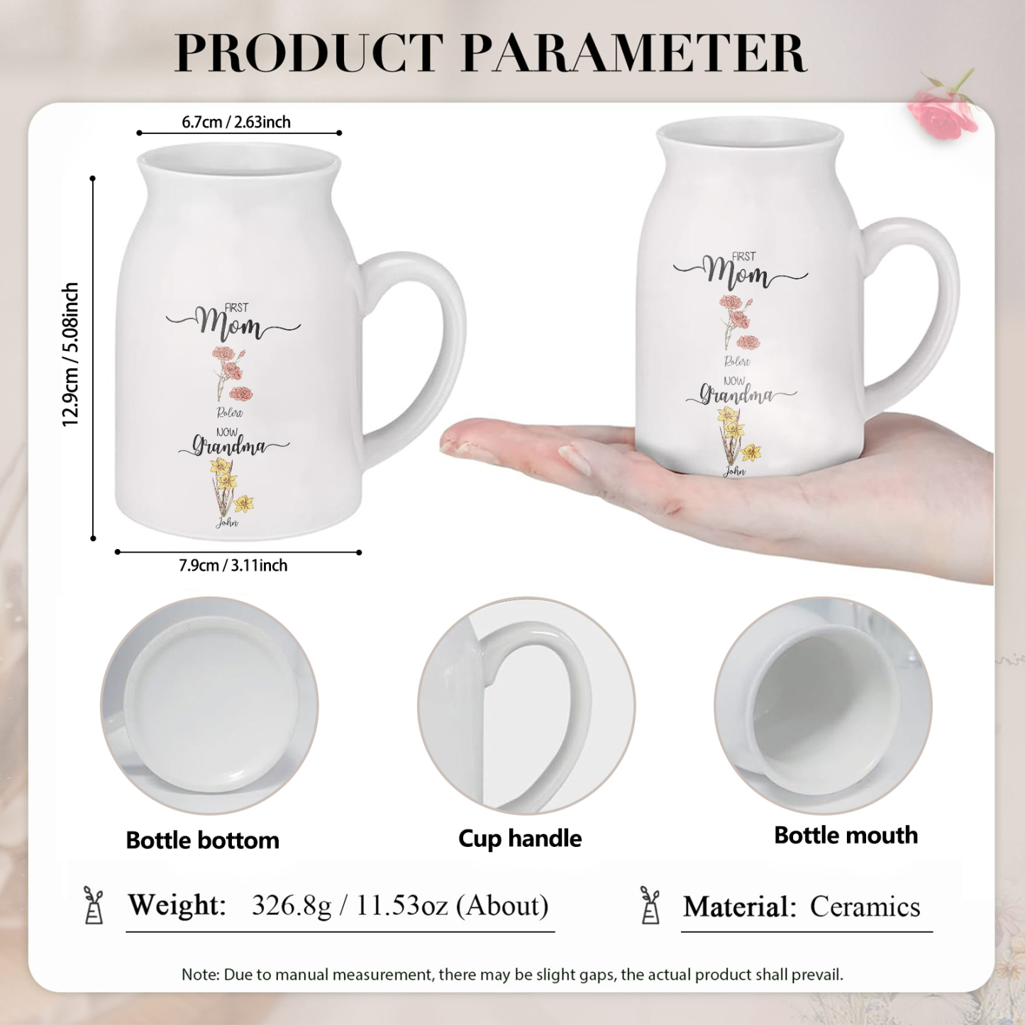 2 Names Personalized Vase with Birthday Flowers – Add 2 Names 2 Texts – Ceramic Custom Gift for Mom, Grandma, Family