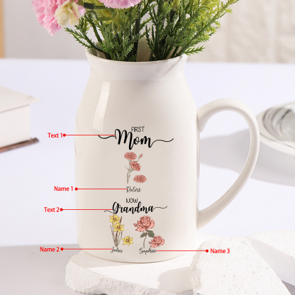 3 Names Personalized Vase with Birthday Flowers – Add 3 Names 2 Texts – Ceramic Custom Gift for Mom, Grandma, Family