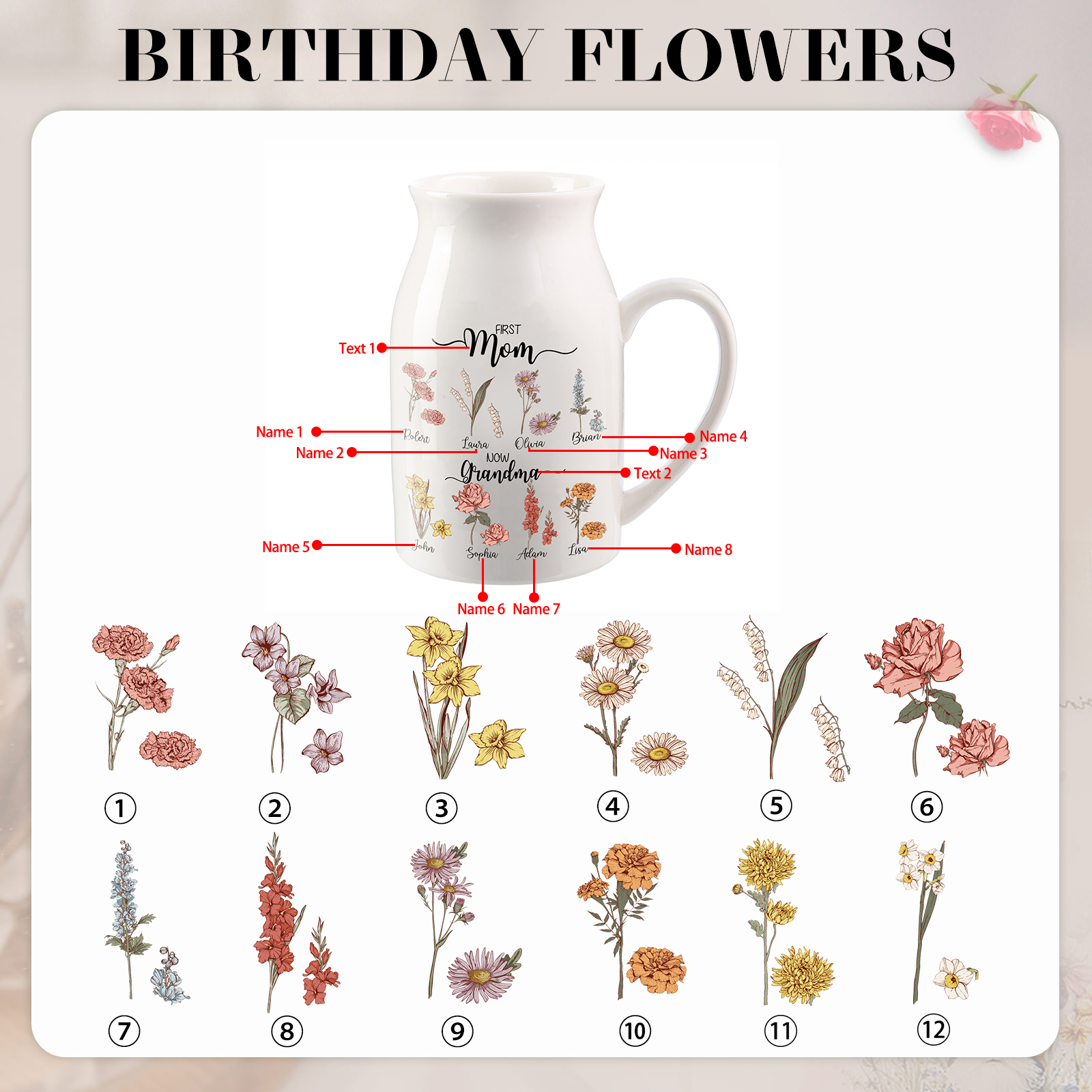 8 Names Personalized Vase with Birthday Flowers – Add 8 Names 2 Texts – Ceramic Custom Gift for Mom, Grandma, Family