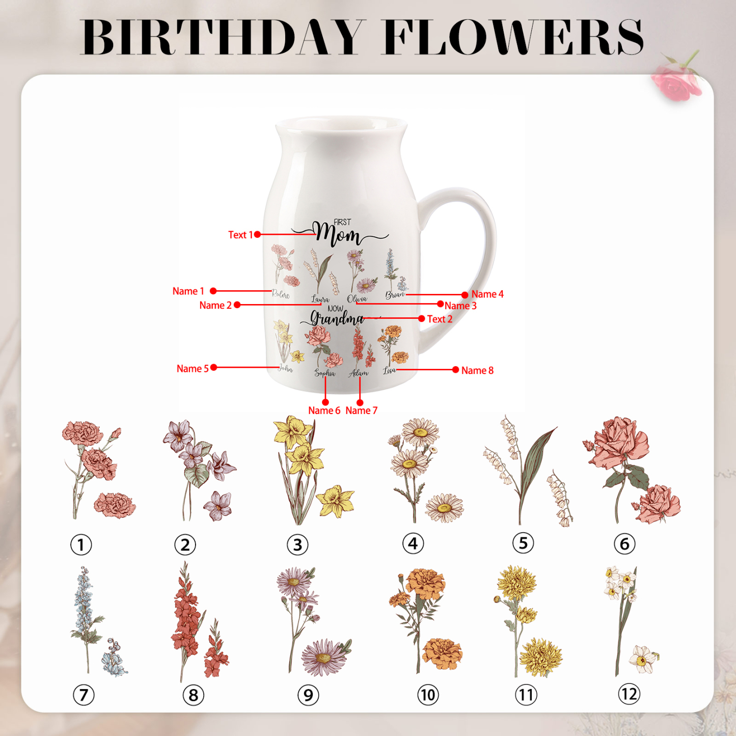 8 Names Personalized Vase with Birthday Flowers – Add 8 Names 2 Texts – Ceramic Custom Gift for Mom, Grandma, Family