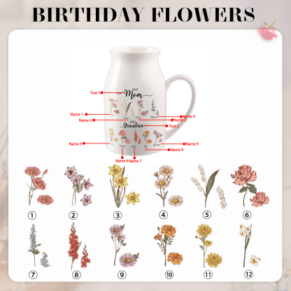 9 Names Personalized Vase with Birthday Flowers – Add 9 Names 2 Texts – Ceramic Custom Gift for Mom, Grandma, Family