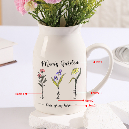 3 Names Personalized Vase with Birthday Flowers – Add 3 Names 2 Texts – Ceramic Custom Gift for Mom, Grandma, Family