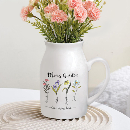4 Names Personalized Vase with Birthday Flowers – Add 4 Names 2 Texts – Ceramic Custom Gift for Mom, Grandma, Family