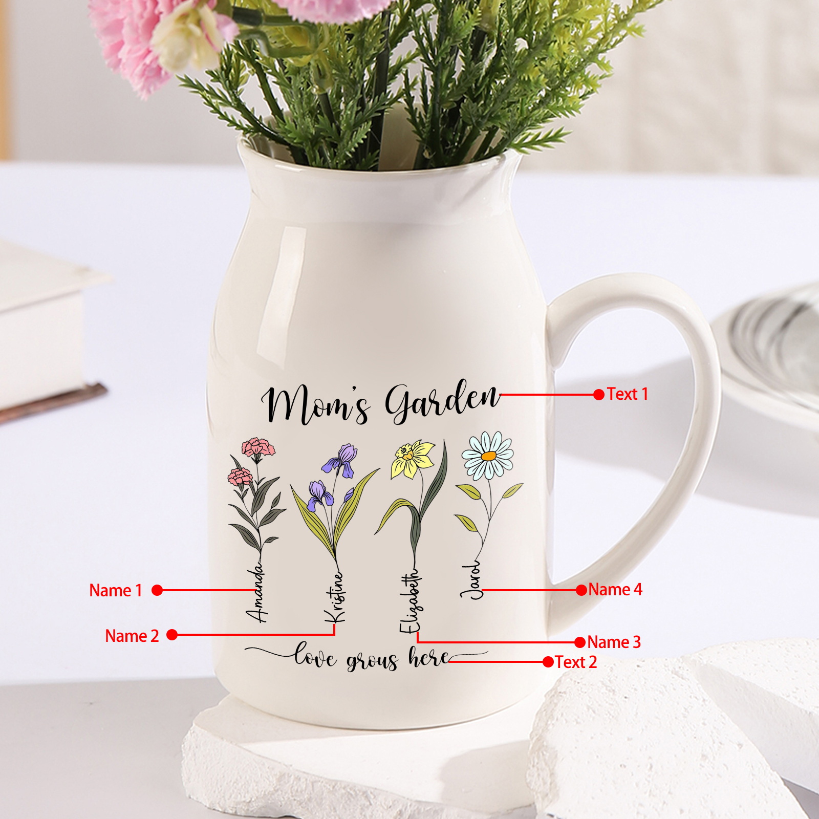 4 Names Personalized Vase with Birthday Flowers – Add 4 Names 2 Texts – Ceramic Custom Gift for Mom, Grandma, Family