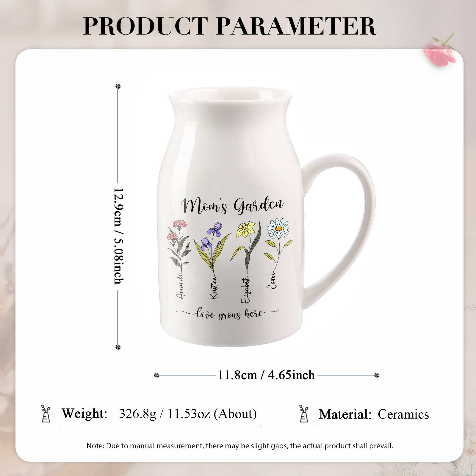 4 Names Personalized Vase with Birthday Flowers – Add 4 Names 2 Texts – Ceramic Custom Gift for Mom, Grandma, Family