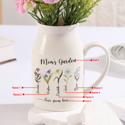 5 Names Personalized Vase with Birthday Flowers – Add 5 Names 2 Texts – Ceramic Custom Gift for Mom, Grandma, Family
