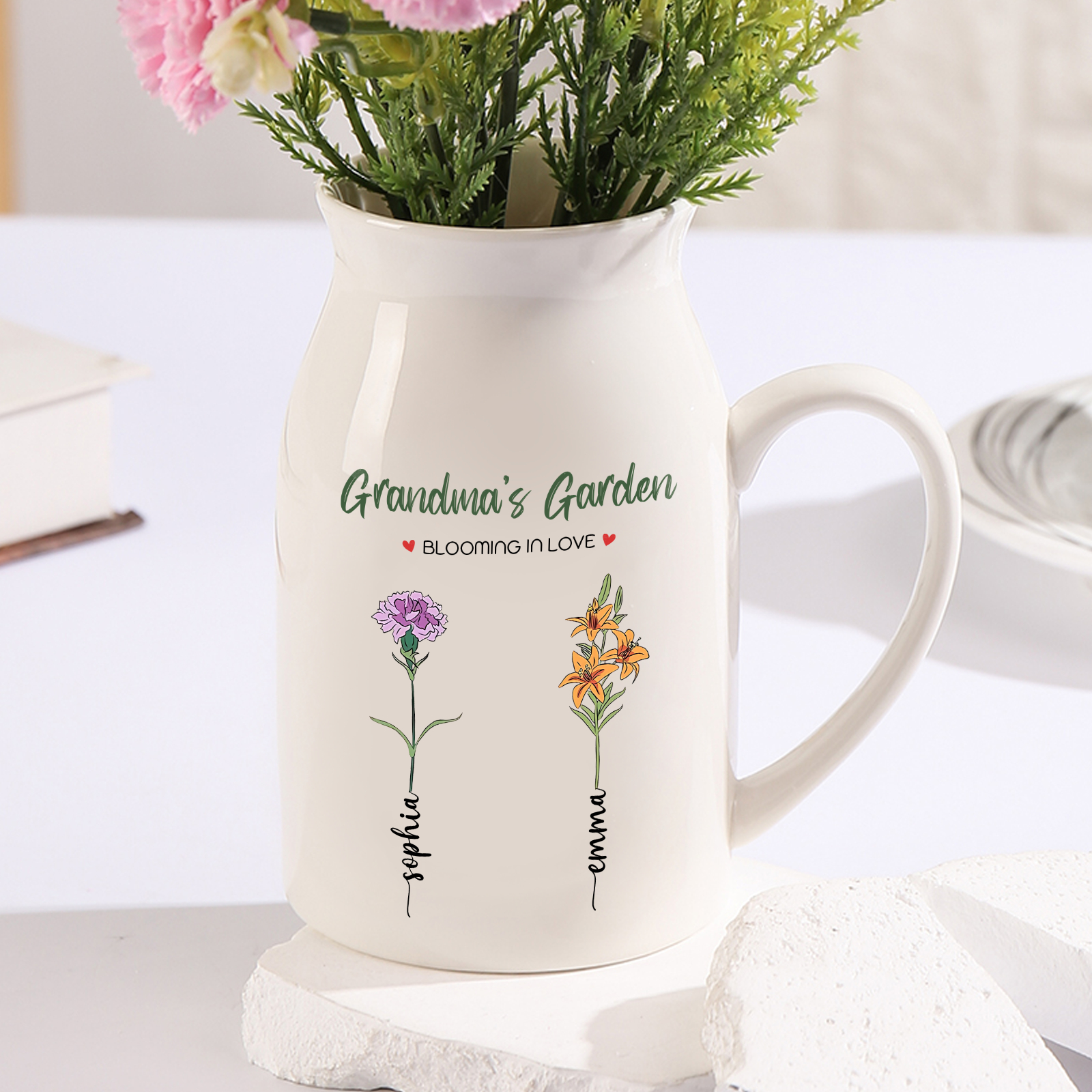 2 Names Personalised Ceramic Birthday Flower Jug Vase – Gift for Mom, Grandma, or Friend | Lorajewel