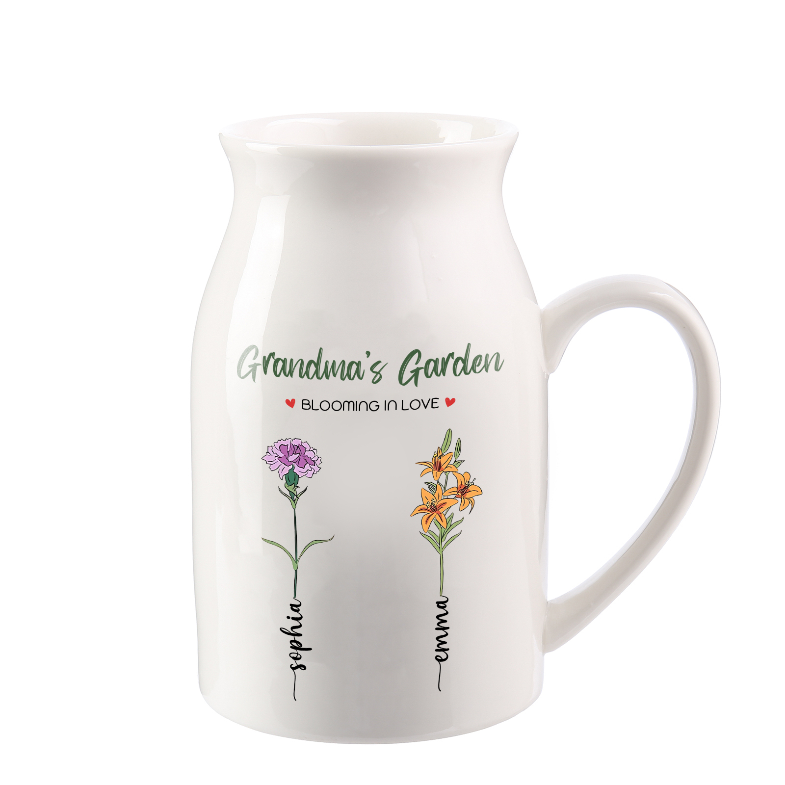 2 Names Personalised Ceramic Birthday Flower Jug Vase – Gift for Mom, Grandma, or Friend | Lorajewel