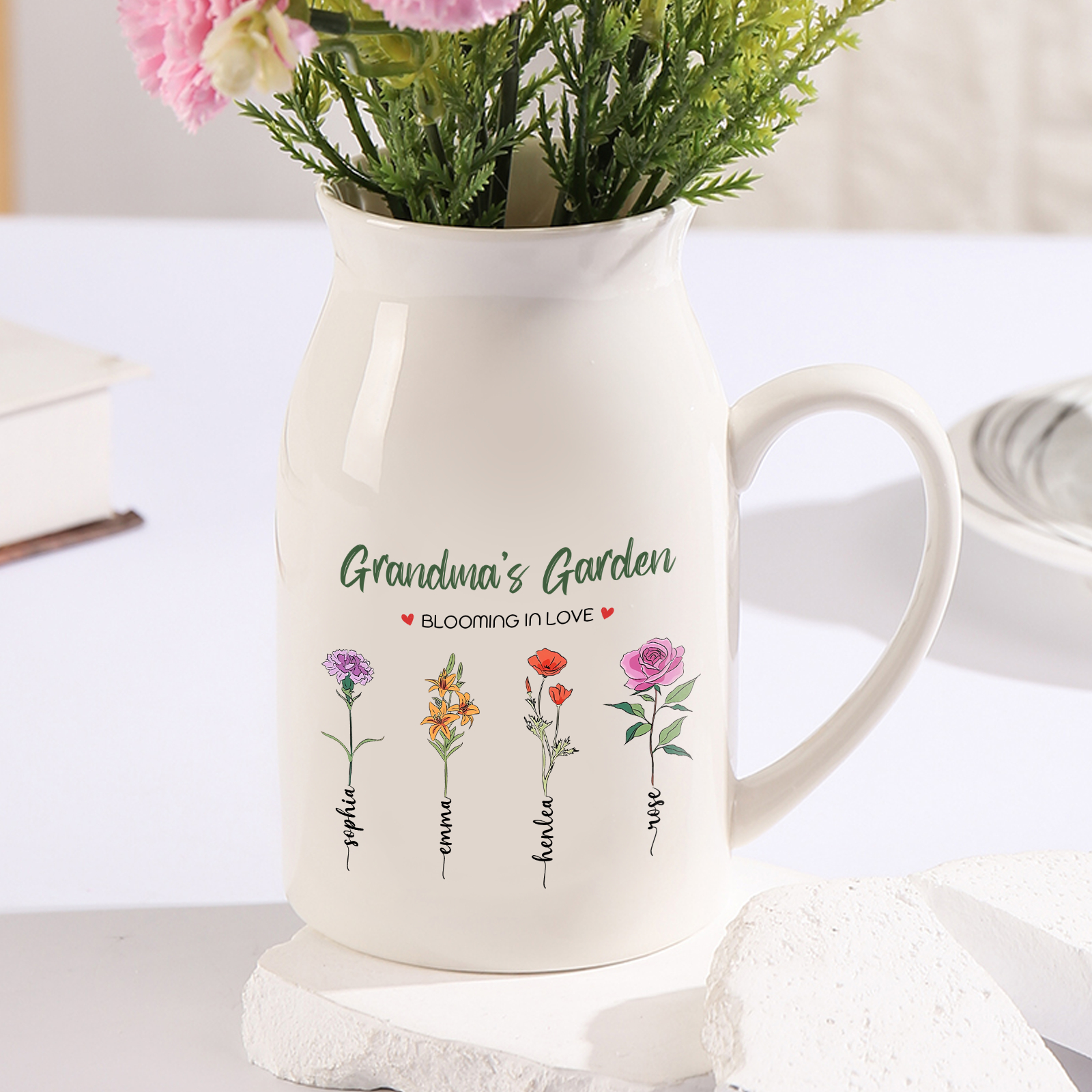 4 Names Personalised Ceramic Birthday Flower Jug Vase – Gift for Mom, Grandma, or Friend | Lorajewel