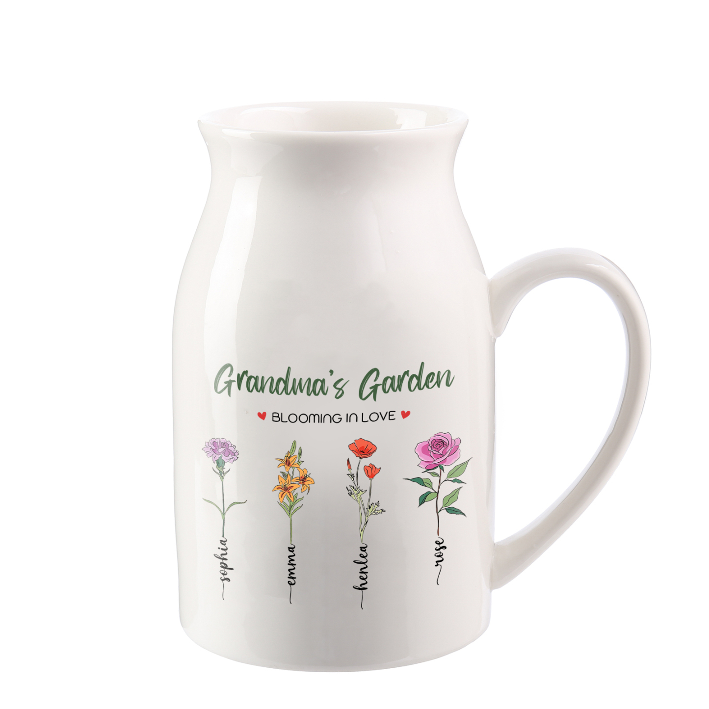 4 Names Personalised Ceramic Birthday Flower Jug Vase – Gift for Mom, Grandma, or Friend | Lorajewel
