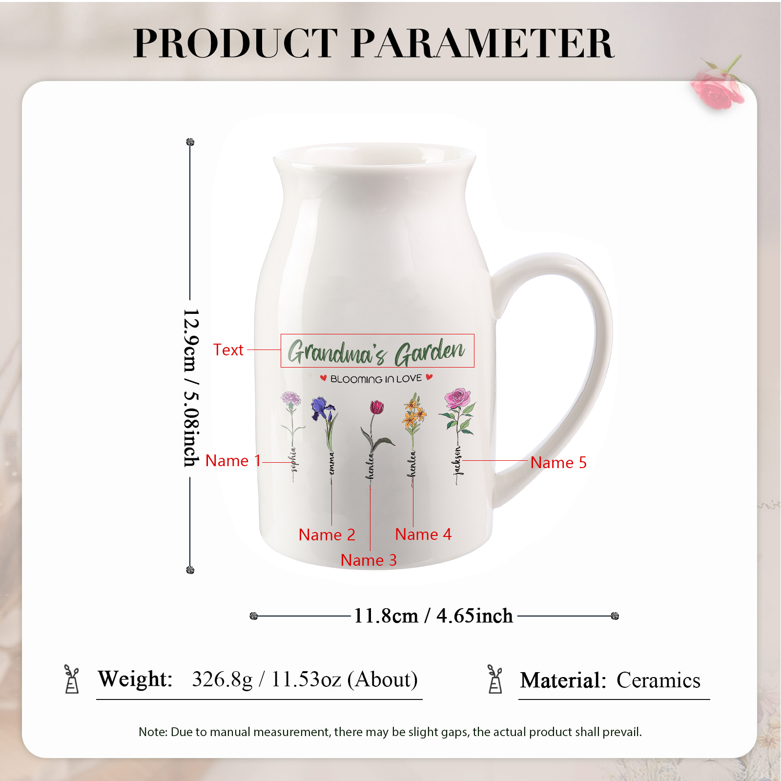 5 Names Personalised Ceramic Birthday Flower Jug Vase – Gift for Mom, Grandma, or Friend | Lorajewel