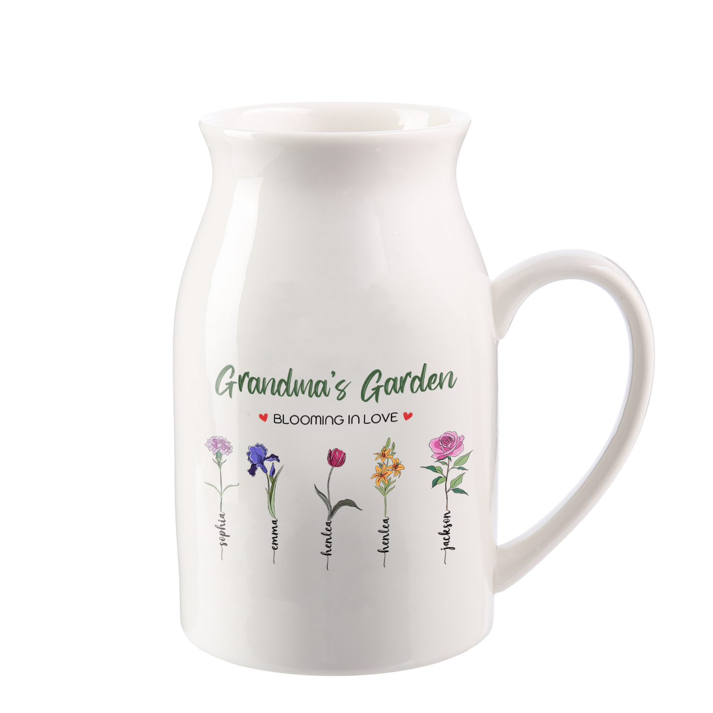 5 Names Personalised Ceramic Birthday Flower Jug Vase – Gift for Mom, Grandma, or Friend | Lorajewel