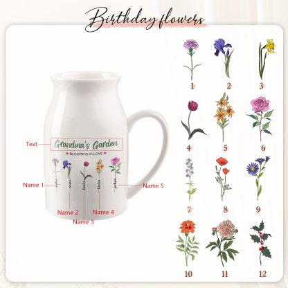 5 Names Personalised Ceramic Birthday Flower Jug Vase – Gift for Mom, Grandma, or Friend | Lorajewel