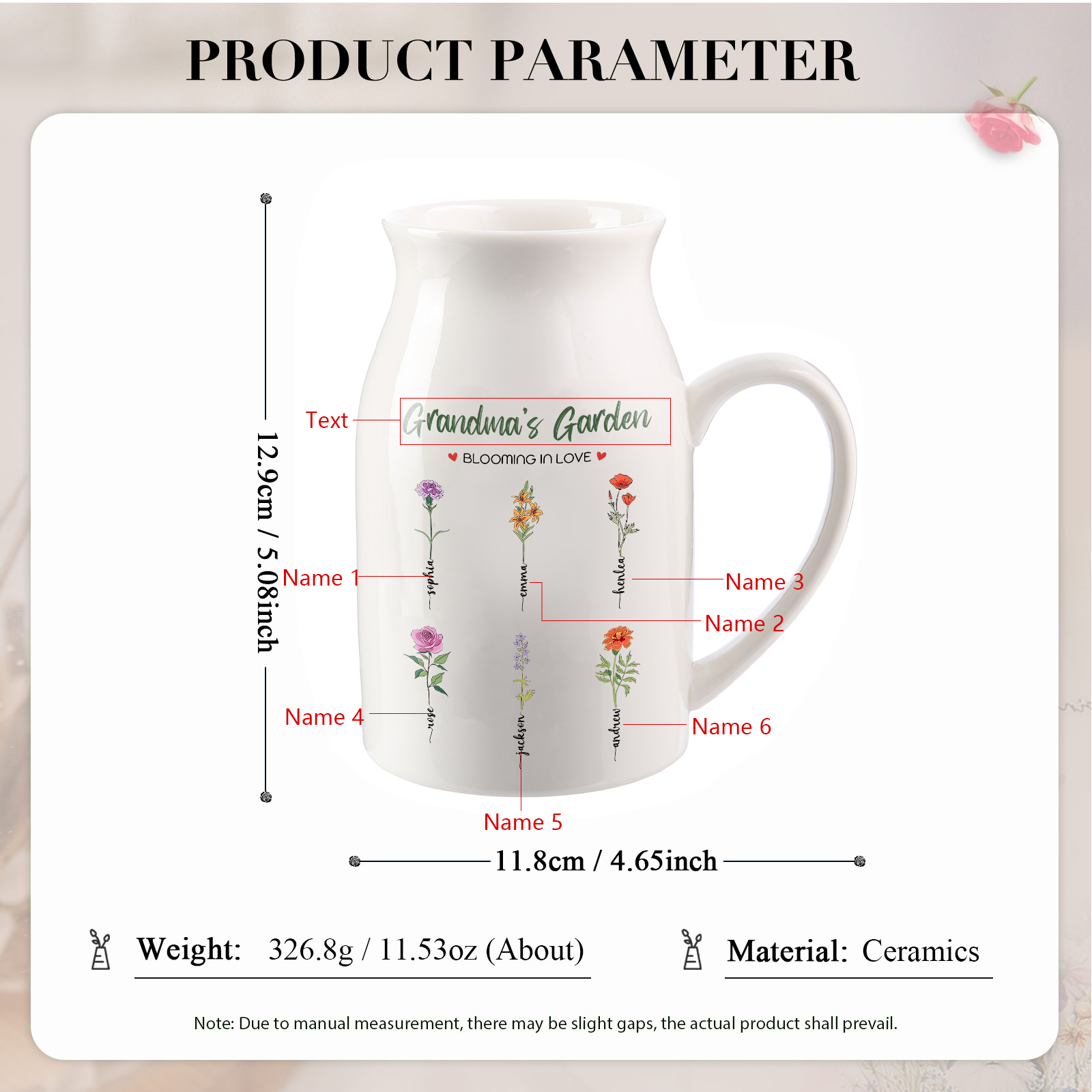 6 Names Personalised Ceramic Birthday Flower Jug Vase – Gift for Mom, Grandma, or Friend | Lorajewel