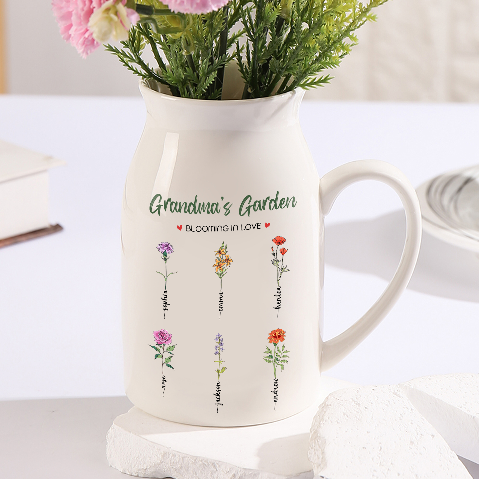 6 Names Personalised Ceramic Birthday Flower Jug Vase – Gift for Mom, Grandma, or Friend | Lorajewel