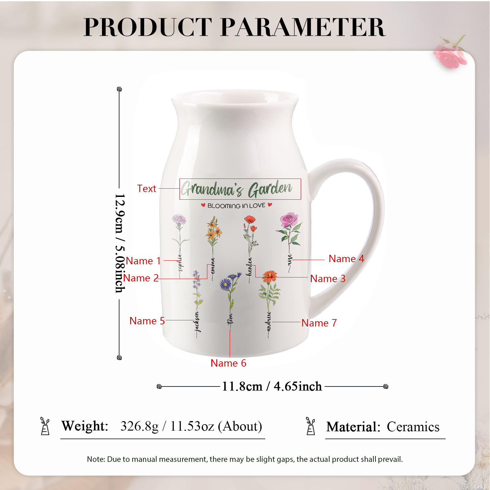 7 Names Personalised Ceramic Birthday Flower Jug Vase – Gift for Mom, Grandma, or Friend | Lorajewel