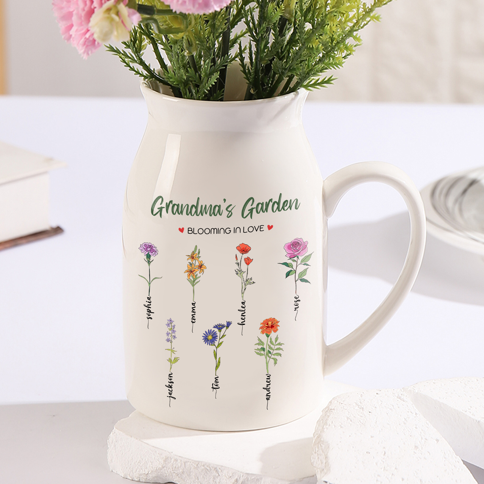 7 Names Personalised Ceramic Birthday Flower Jug Vase – Gift for Mom, Grandma, or Friend | Lorajewel