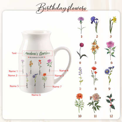 7 Names Personalised Ceramic Birthday Flower Jug Vase – Gift for Mom, Grandma, or Friend | Lorajewel