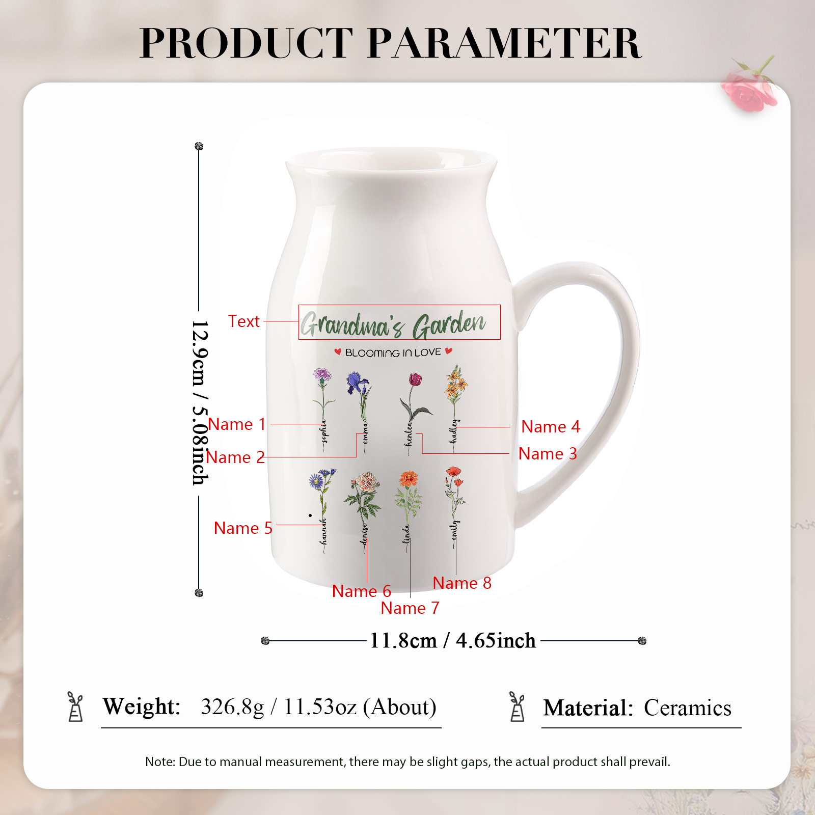 8 Names Personalised Ceramic Birthday Flower Jug Vase – Gift for Mom, Grandma, or Friend | Lorajewel