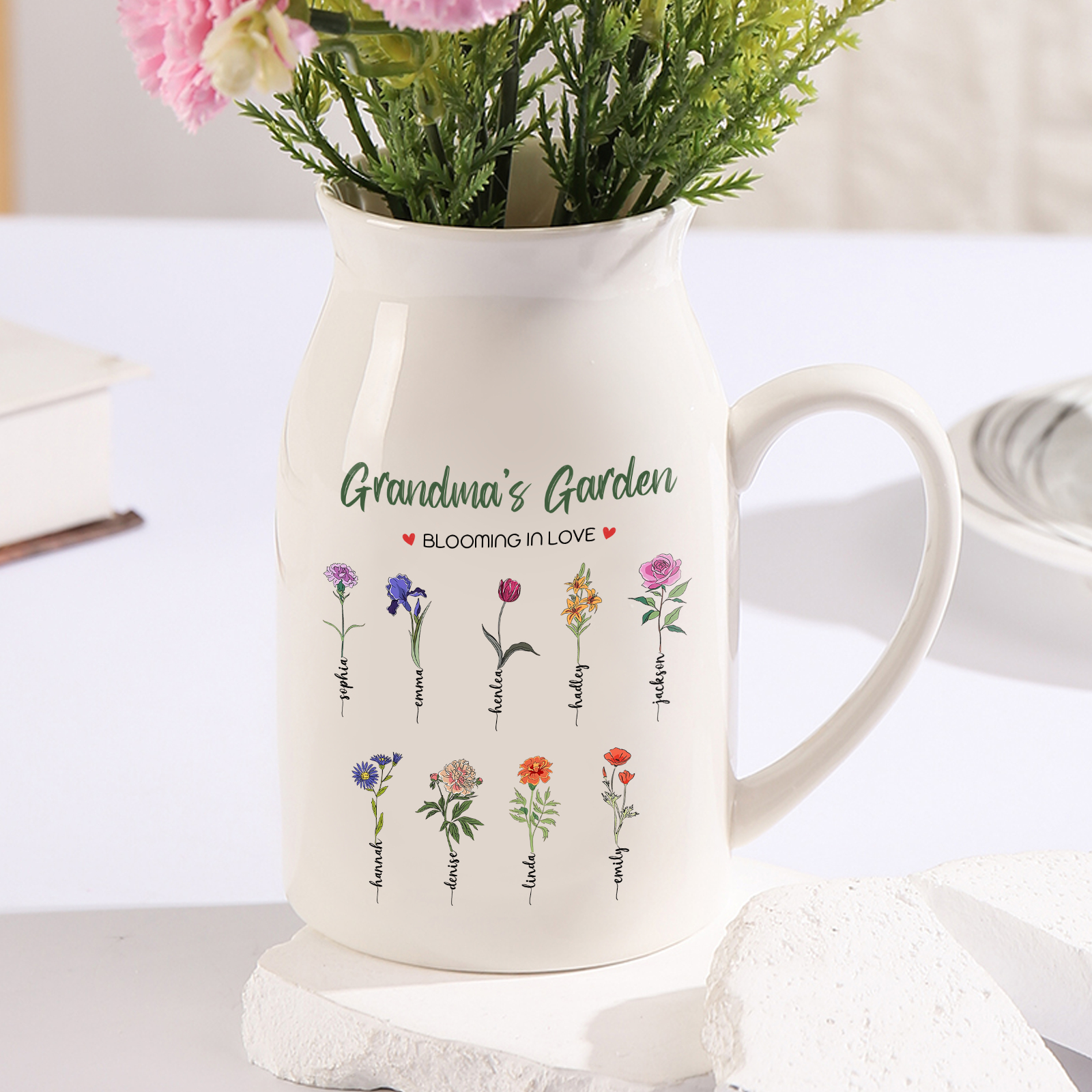 9 Names Personalised Ceramic Birthday Flower Jug Vase – Gift for Mom, Grandma, or Friend | Lorajewel