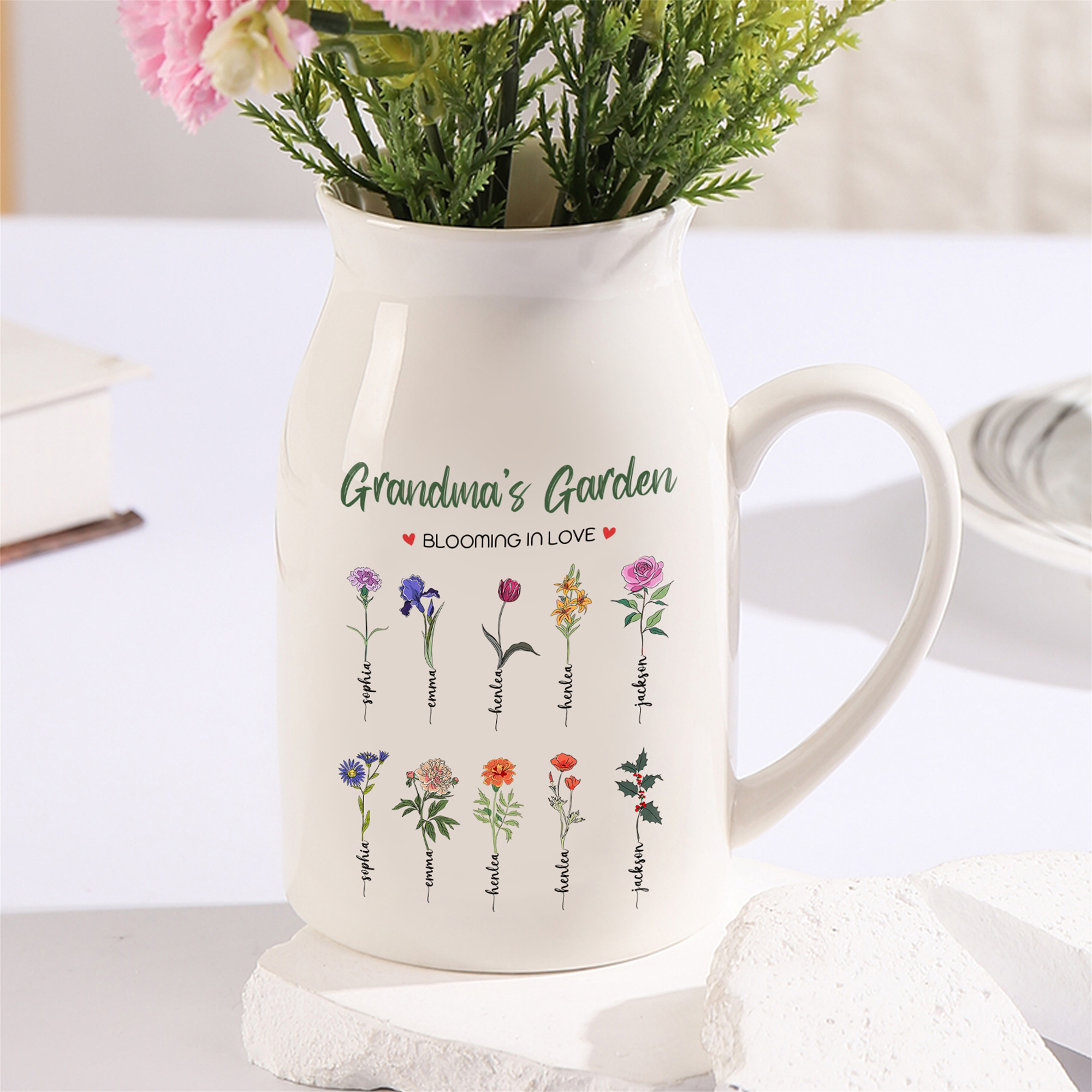 10 Names Personalised Ceramic Birthday Flower Jug Vase – Gift for Mom, Grandma, or Friend | Lorajewel
