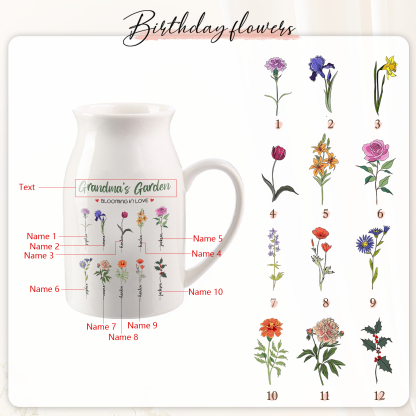 10 Names Personalised Ceramic Birthday Flower Jug Vase – Gift for Mom, Grandma, or Friend | Lorajewel