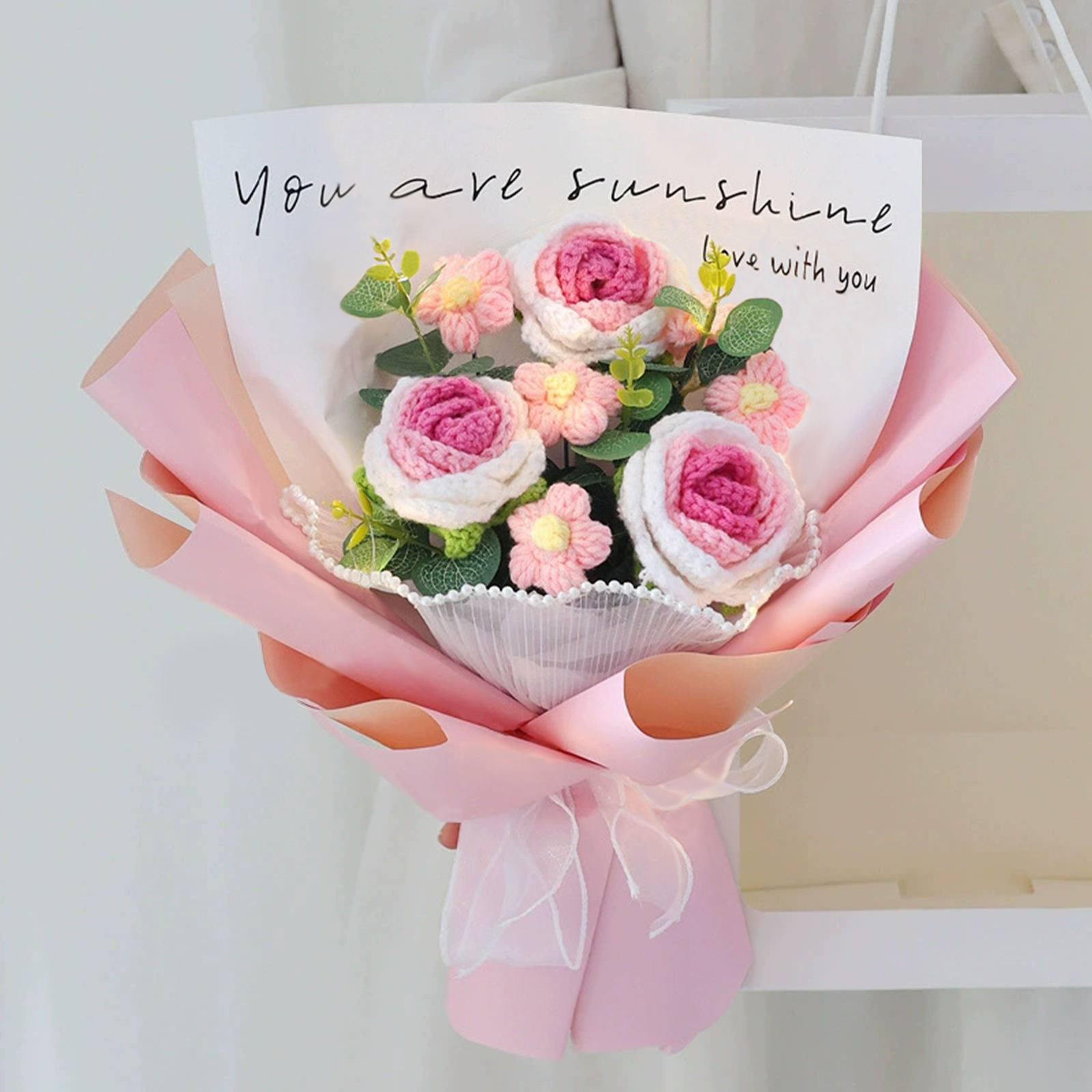 "You Are Sunshine" Knitted Yarn Rose Bouquet – Handmade Gift with Gift Bag | Lorajewel