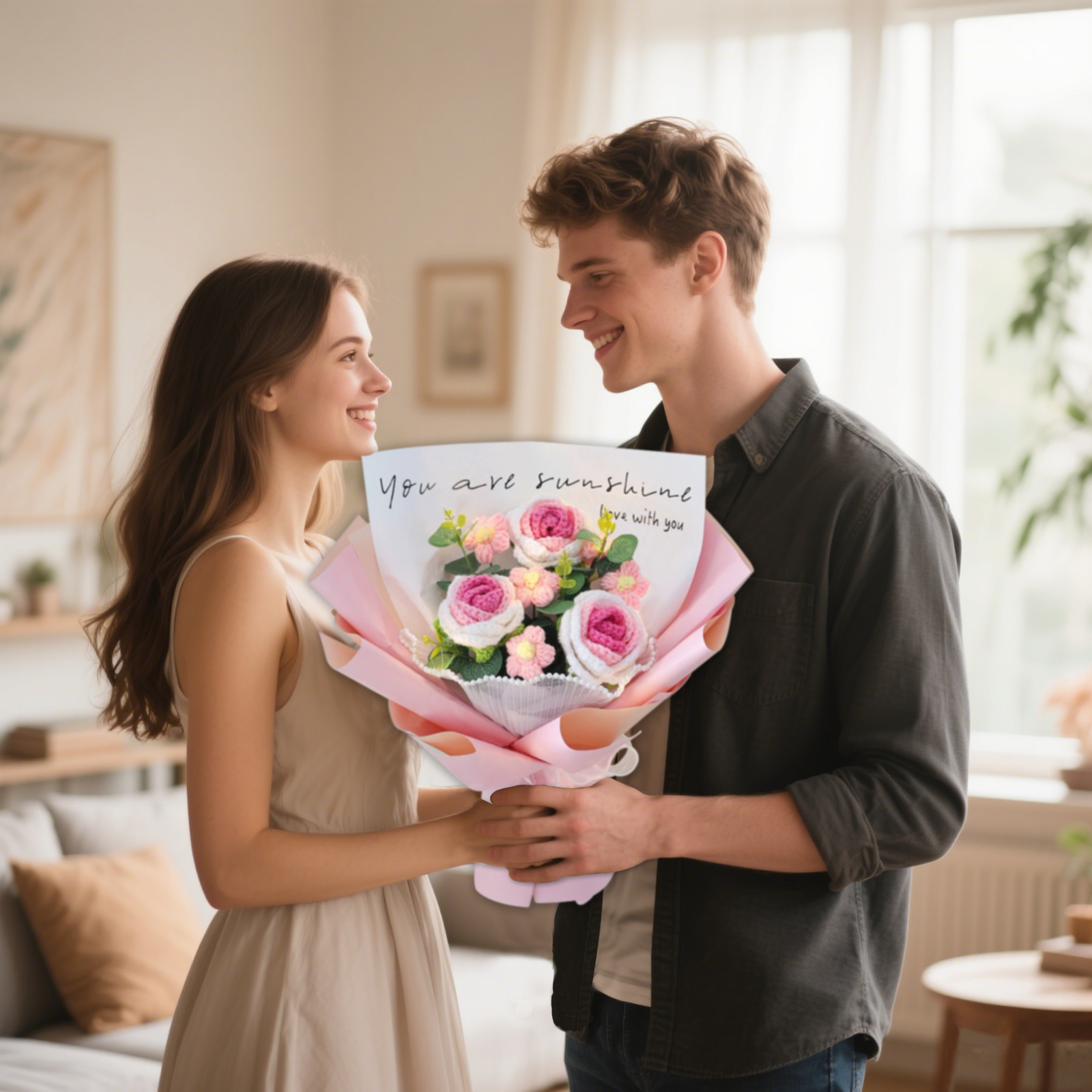 "You Are Sunshine" Knitted Yarn Rose Bouquet – Handmade Gift with Gift Bag | Lorajewel