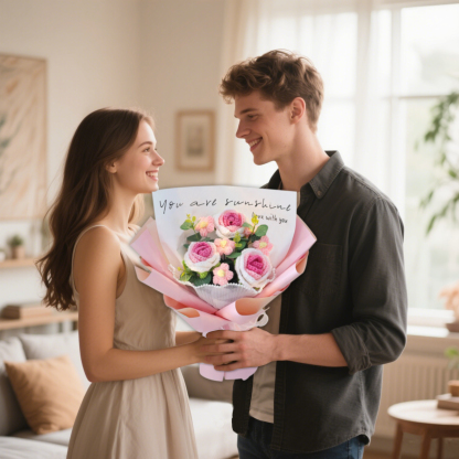 "You Are Sunshine" Knitted Yarn Rose Bouquet – Handmade Gift with Gift Bag | Lorajewel