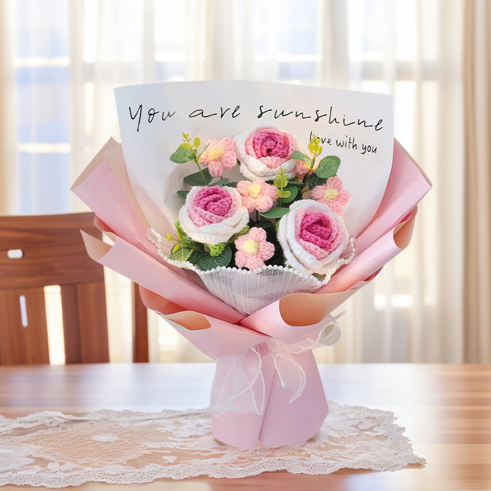 "You Are Sunshine" Knitted Yarn Rose Bouquet – Handmade Gift with Gift Bag | Lorajewel