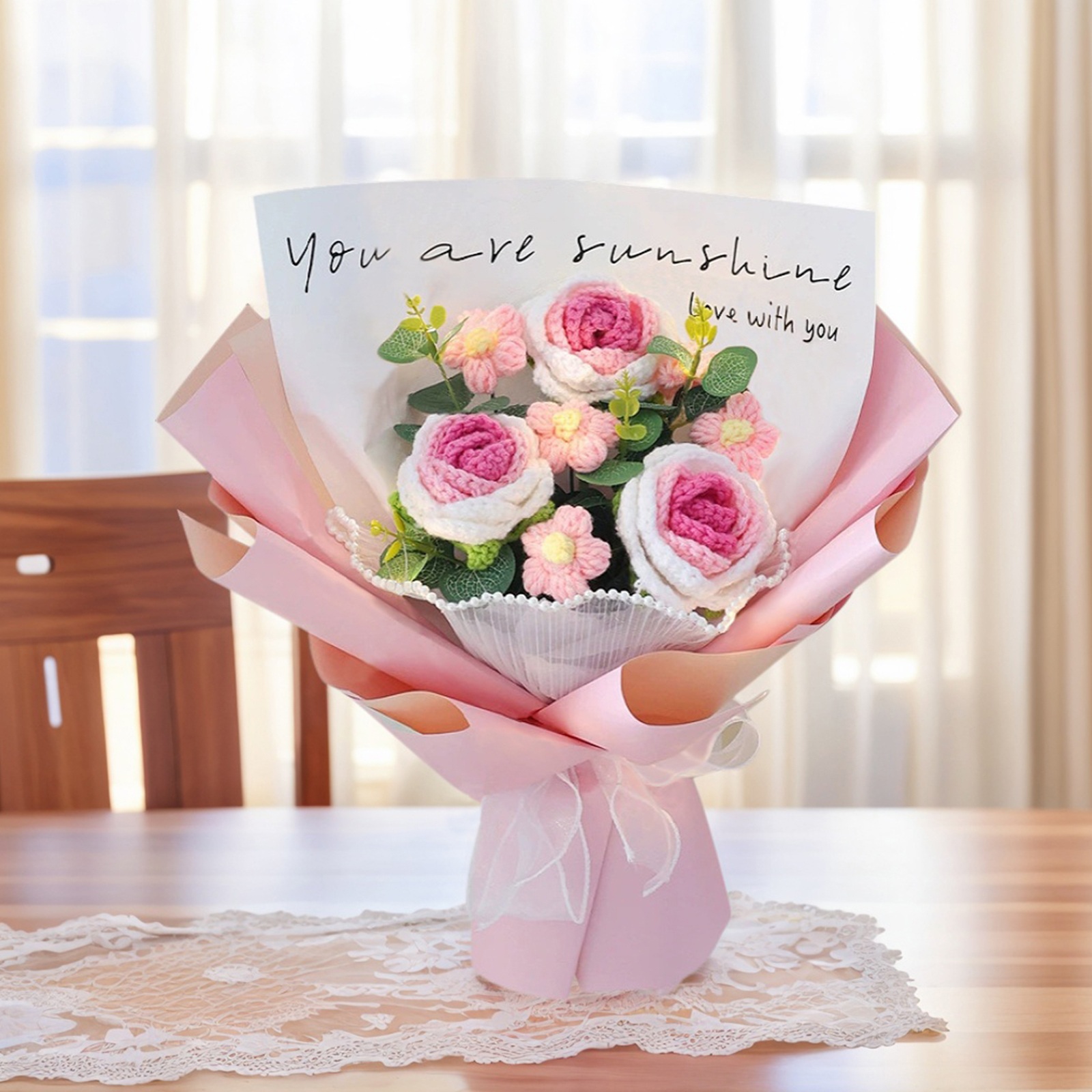 "You Are Sunshine" Knitted Yarn Rose Bouquet – Handmade Gift with Gift Bag | Lorajewel