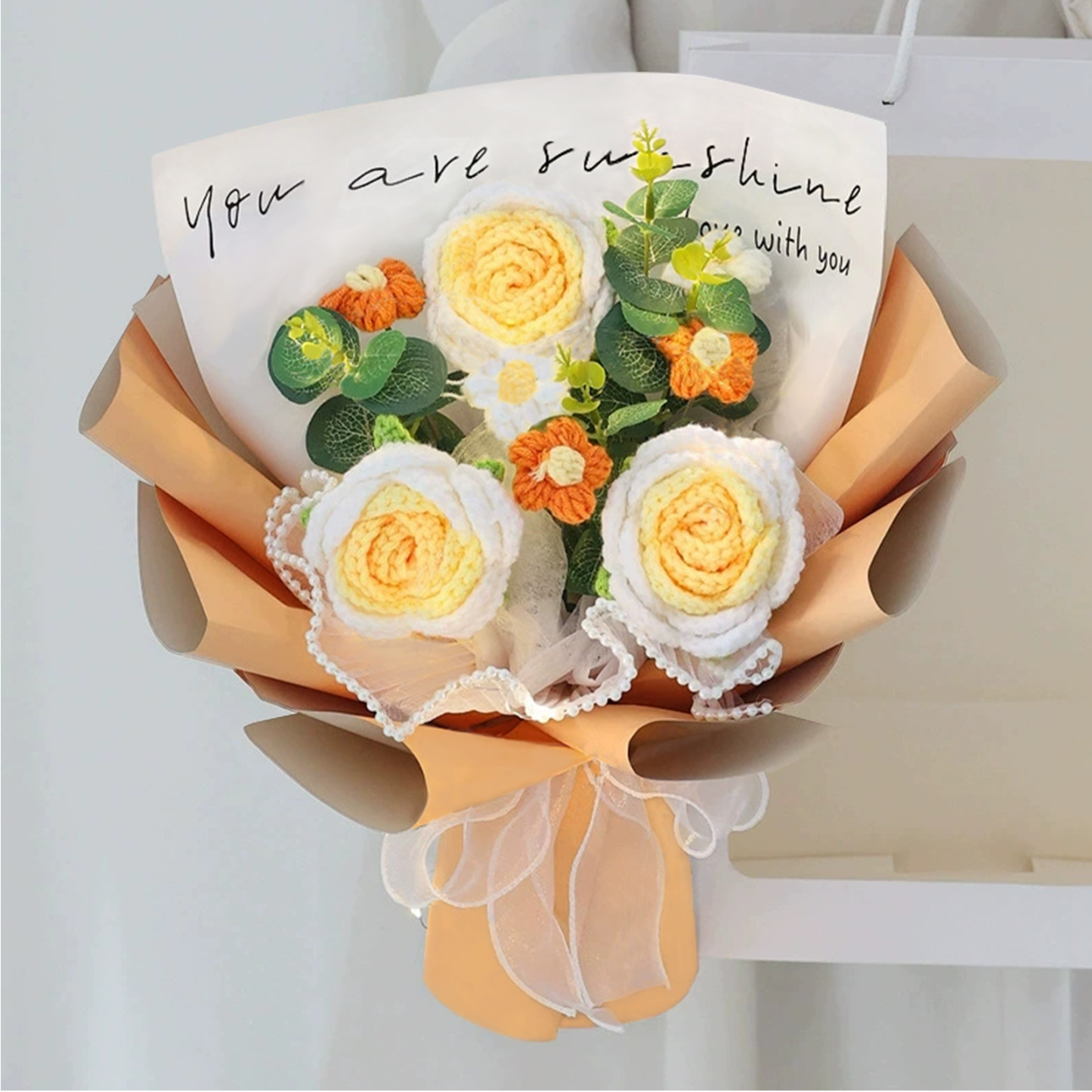 "You Are Sunshine" Knitted Yarn Rose Bouquet – Handmade Gift with Gift Bag | Lorajewel
