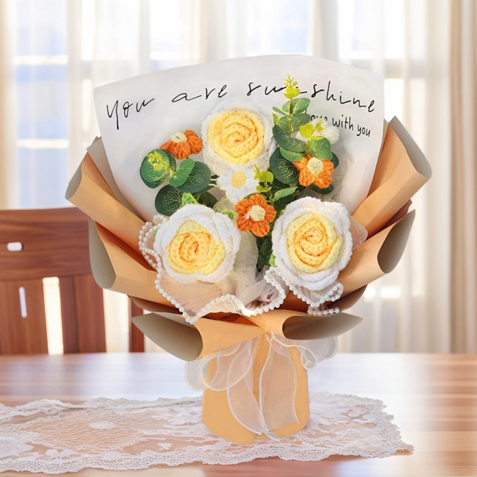 "You Are Sunshine" Knitted Yarn Rose Bouquet – Handmade Gift with Gift Bag | Lorajewel