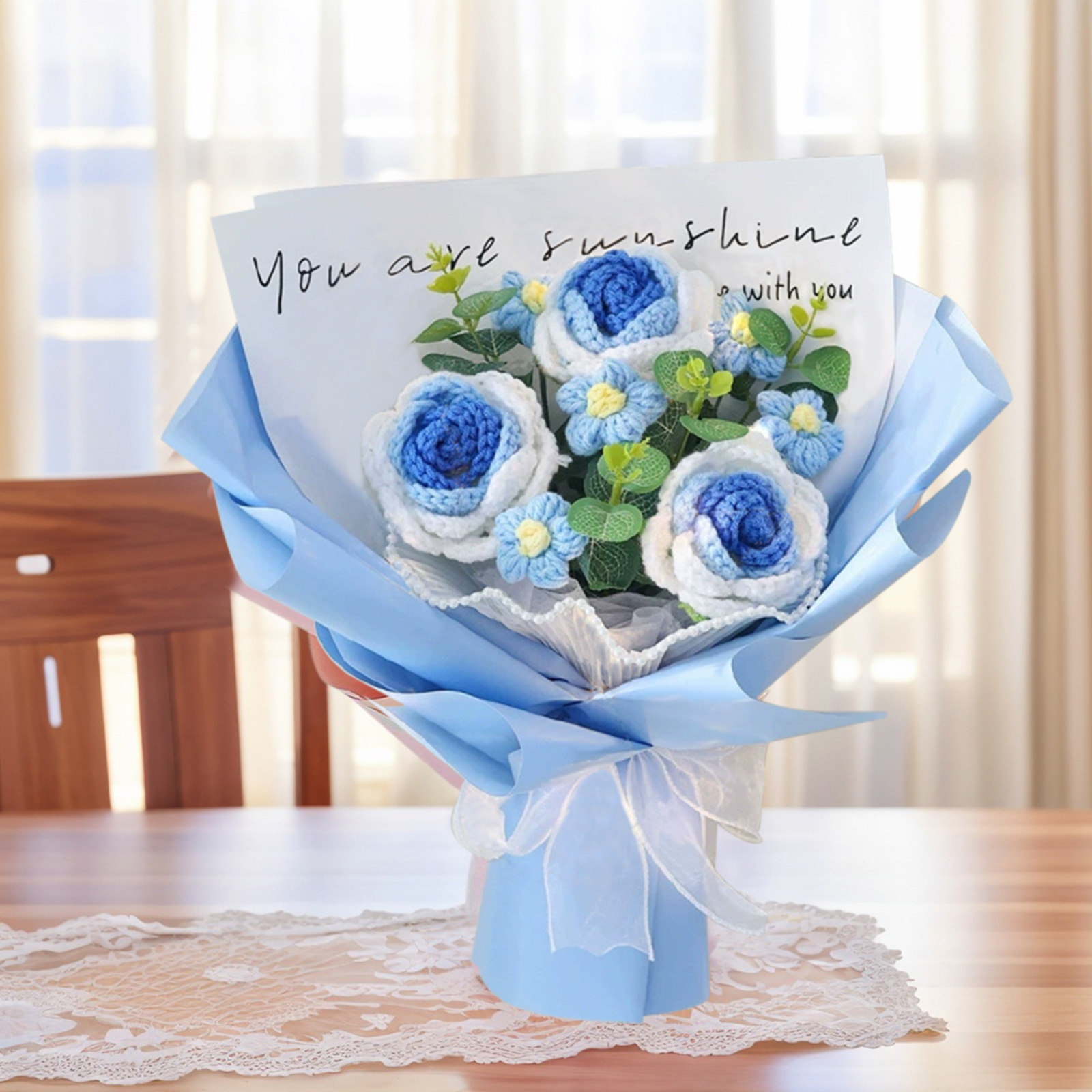 "You Are Sunshine" Knitted Yarn Rose Bouquet – Handmade Gift with Gift Bag | Lorajewel