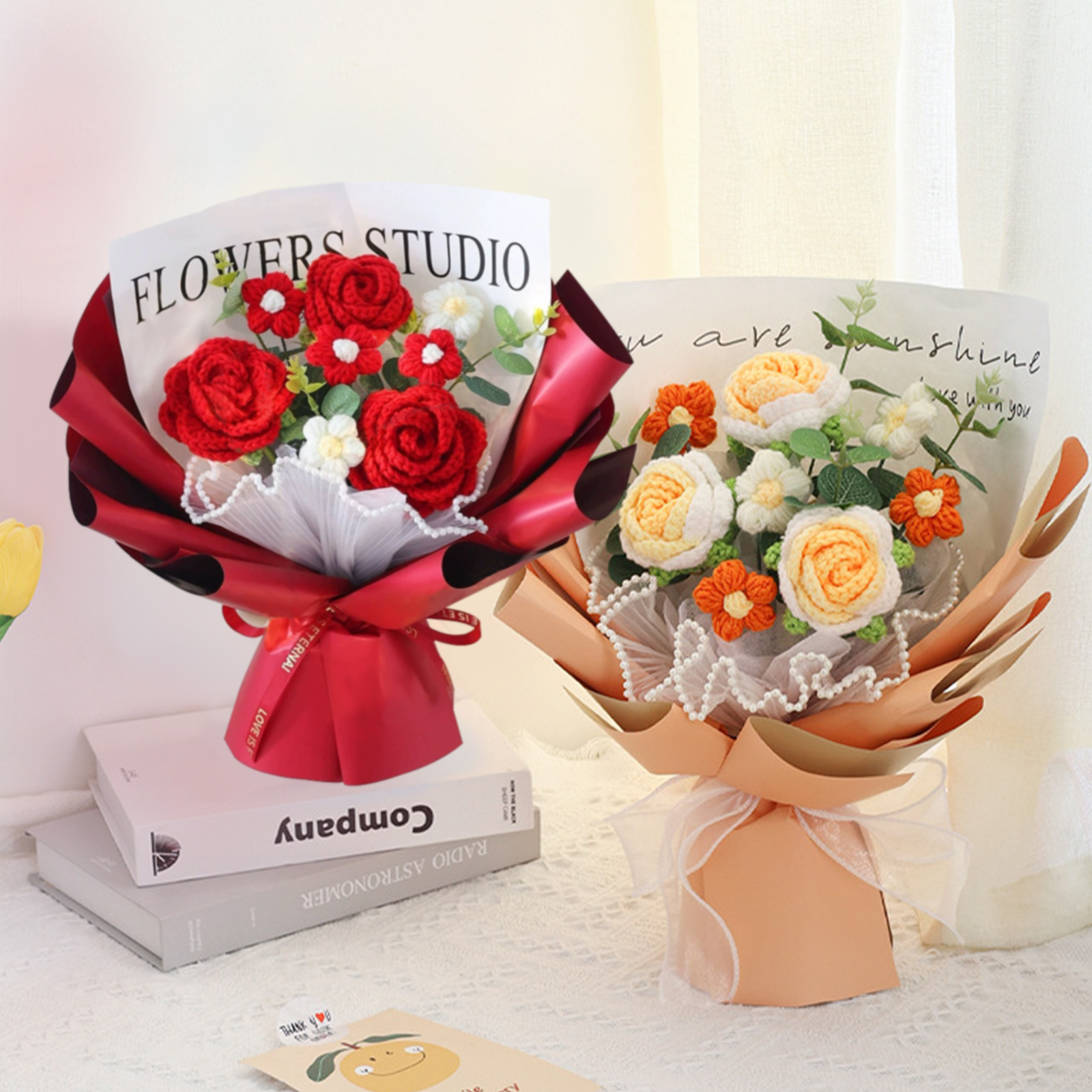 "You Are Sunshine" Knitted Yarn Rose Bouquet – Handmade Gift with Gift Bag | Lorajewel