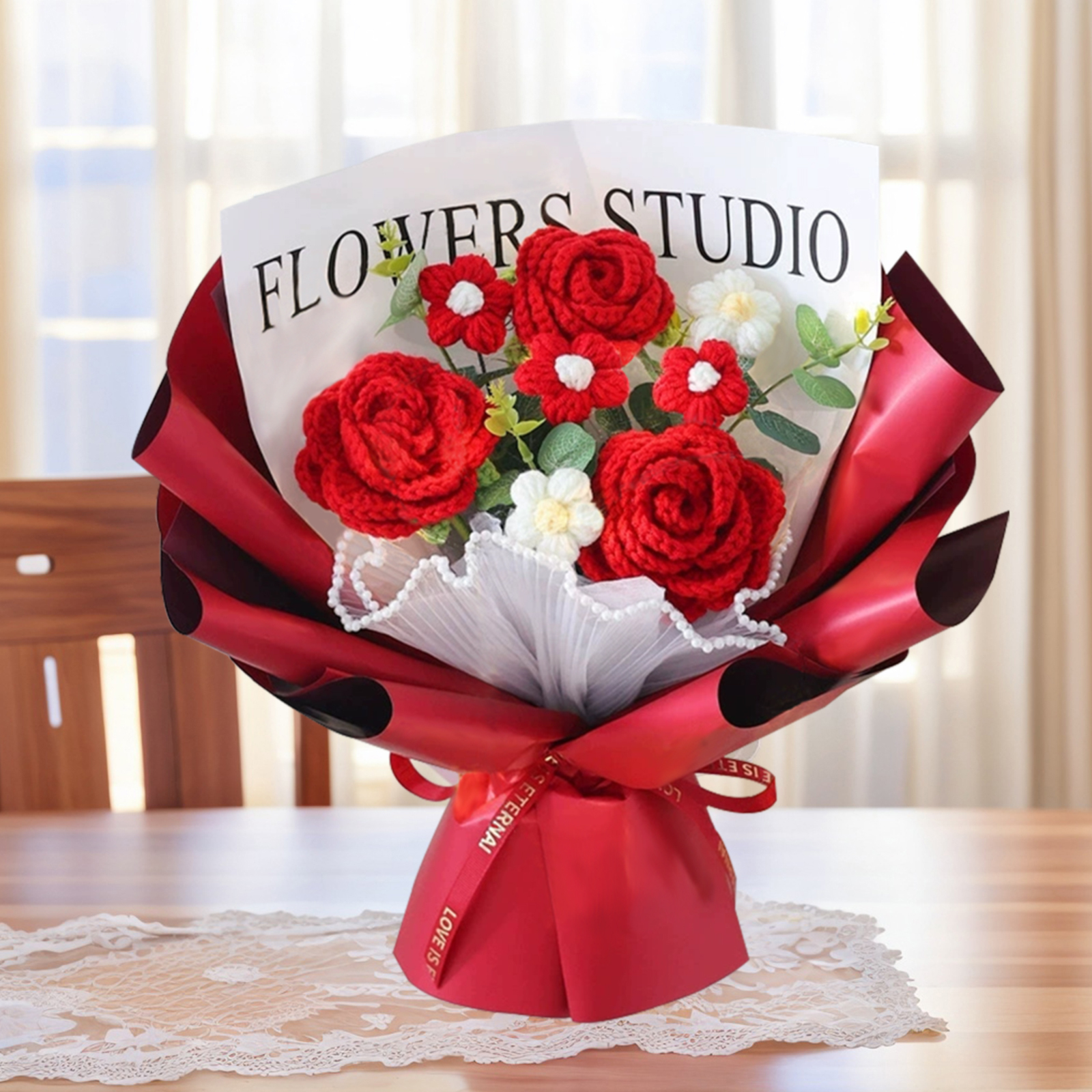 "You Are Sunshine" Knitted Yarn Rose Bouquet – Handmade Gift with Gift Bag | Lorajewel