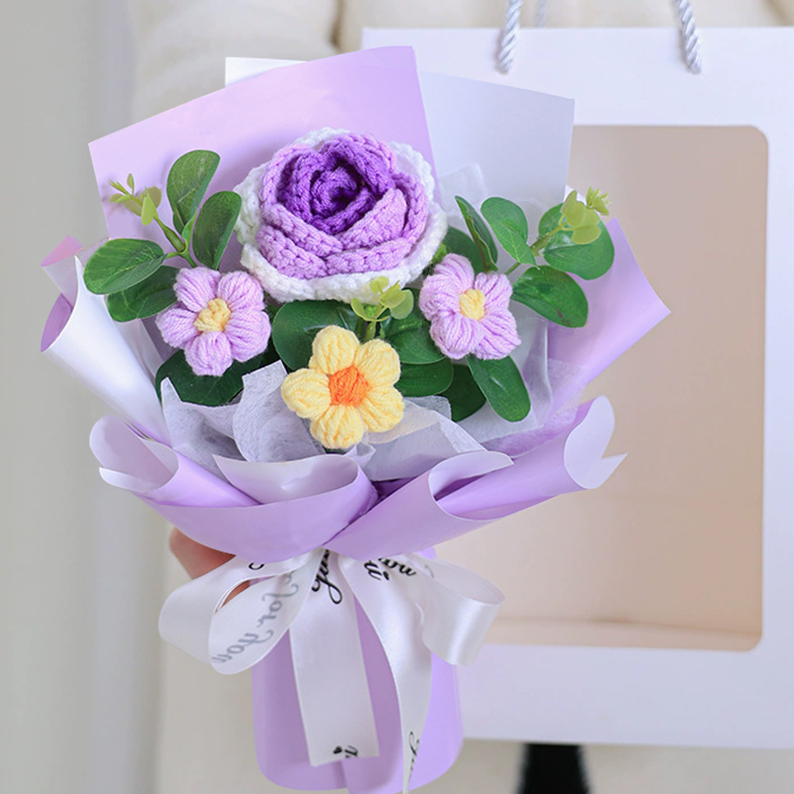 "You Are Sunshine" Knitted Yarn Rose Bouquet – Handmade Gift with Gift Bag | Lorajewel