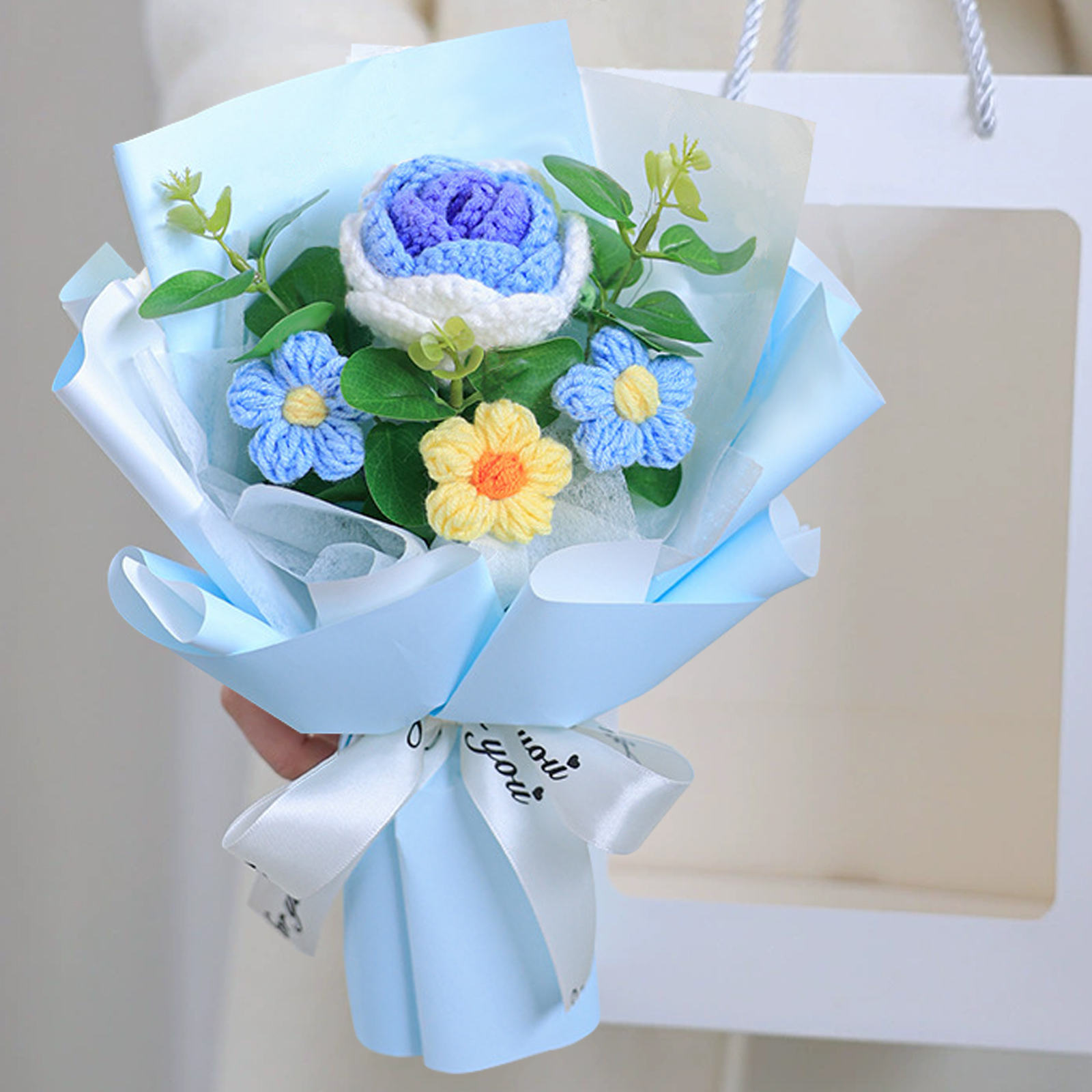 "You Are Sunshine" Knitted Yarn Rose Bouquet – Handmade Gift with Gift Bag | Lorajewel