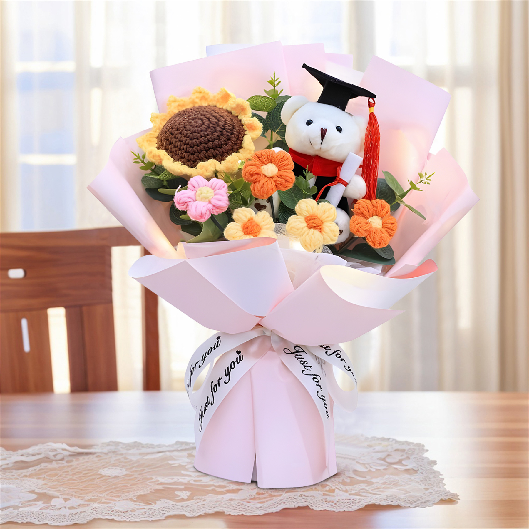 Graduation Teddy Bear Bouquet – Crochet Flower Gift with Cap and Scroll | Lorajewel