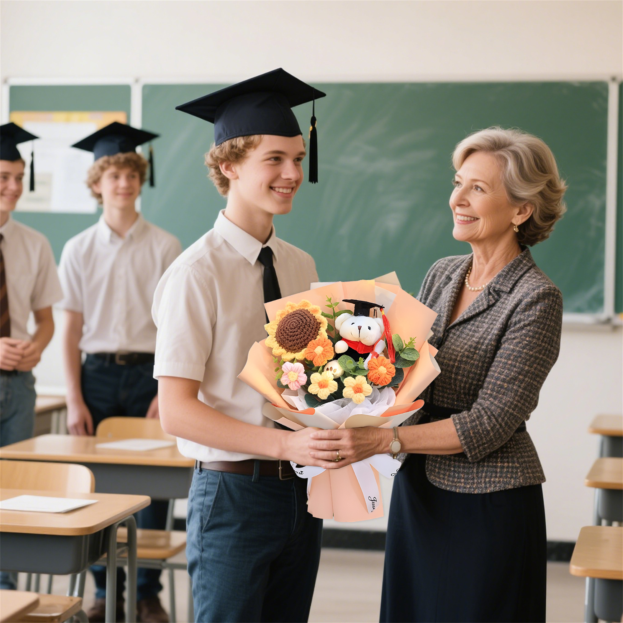 Graduation Teddy Bear Bouquet – Crochet Flower Gift with Cap and Scroll | Lorajewel