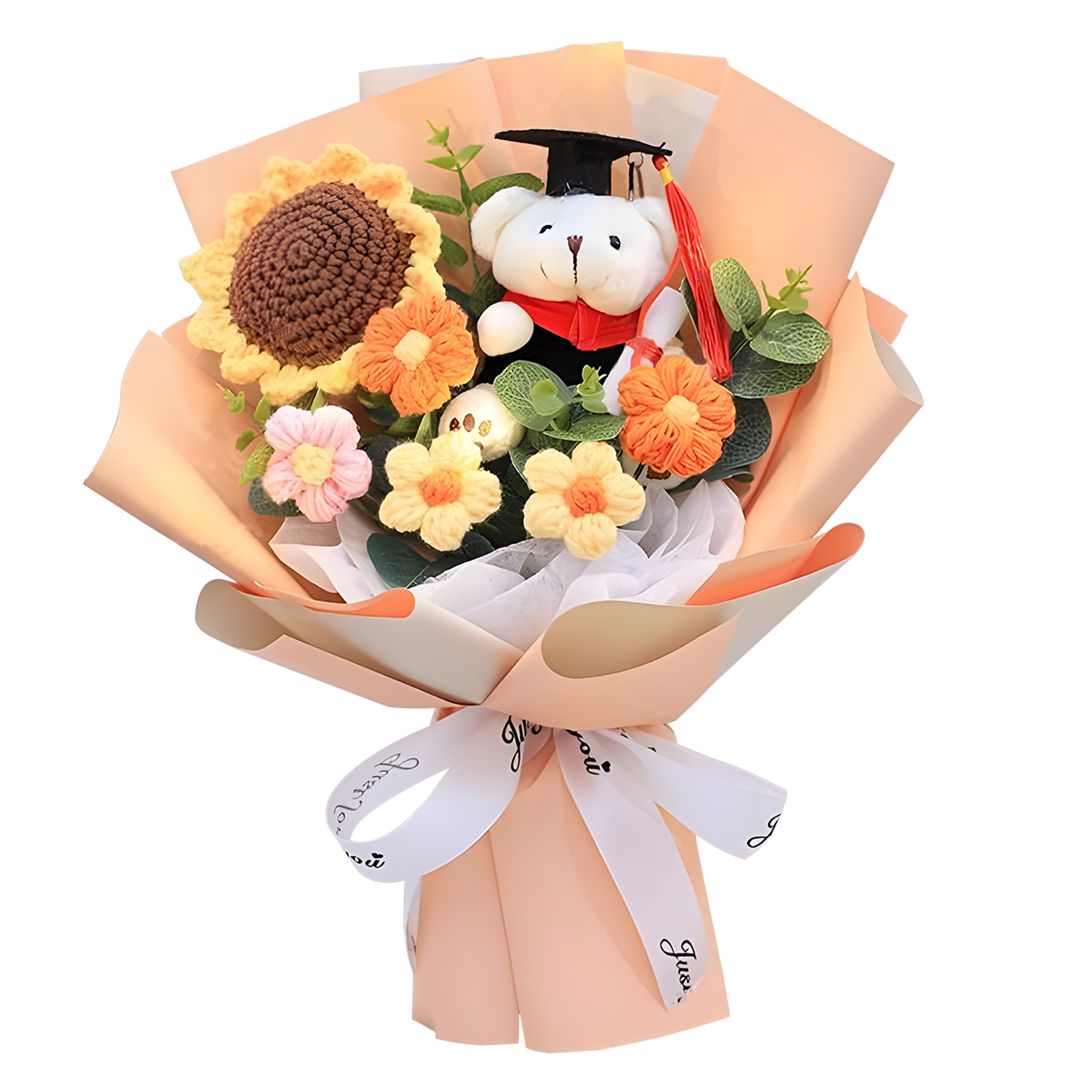 Graduation Teddy Bear Bouquet – Crochet Flower Gift with Cap and Scroll | Lorajewel