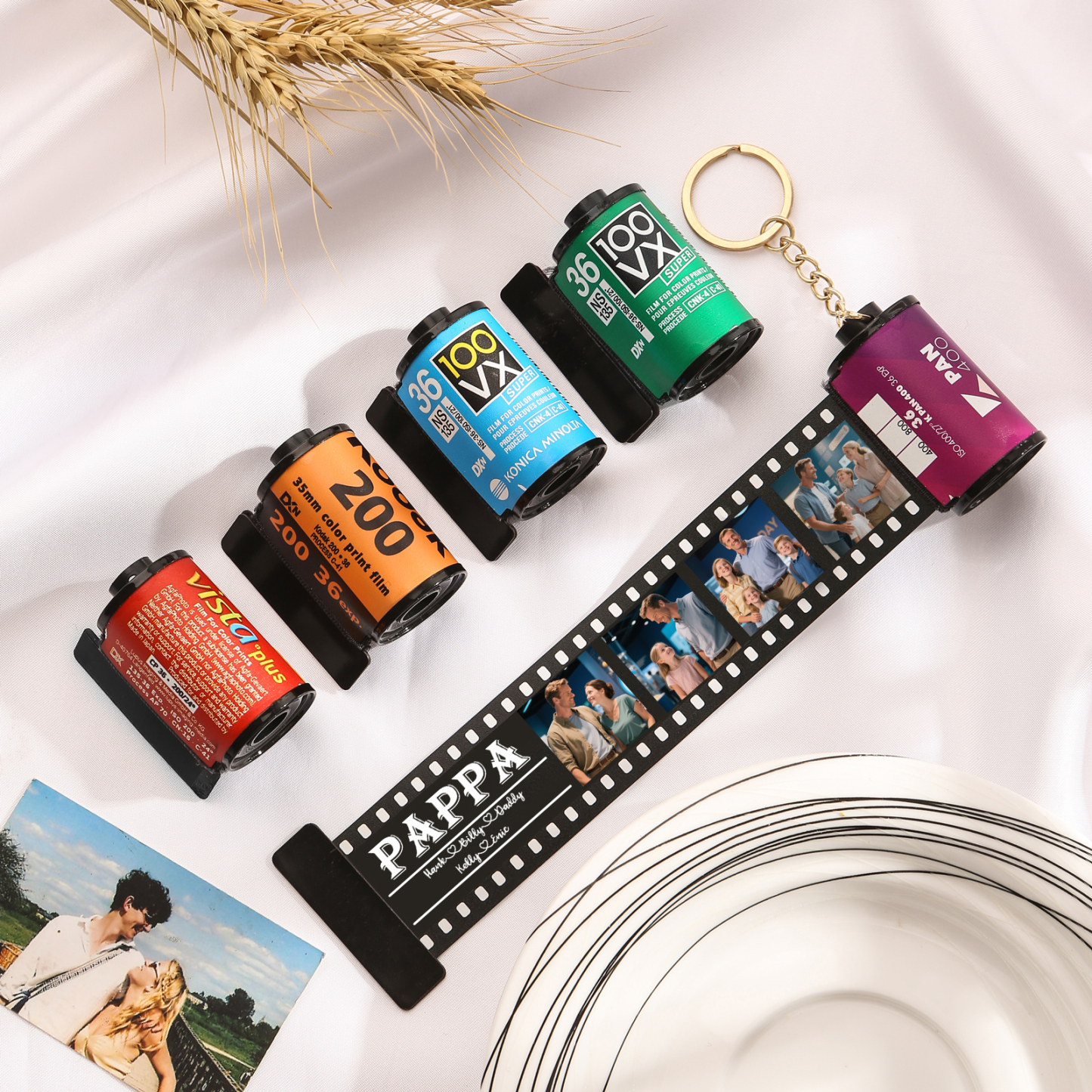 2 Names & 4 Photos Family Fridge Magnet Film Roll – Personalized Keepsake Keychain Gift for Dad & Grandad | Lorajewel